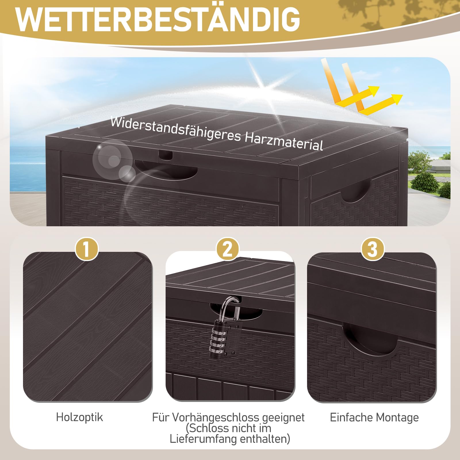 Gartenbox wasserdicht, 126L Outdoor Aufbewahrungsbox für Gartenmöbel, Poolzubehör und Werkzeug, 56 x 53 x 43 cm, Braun