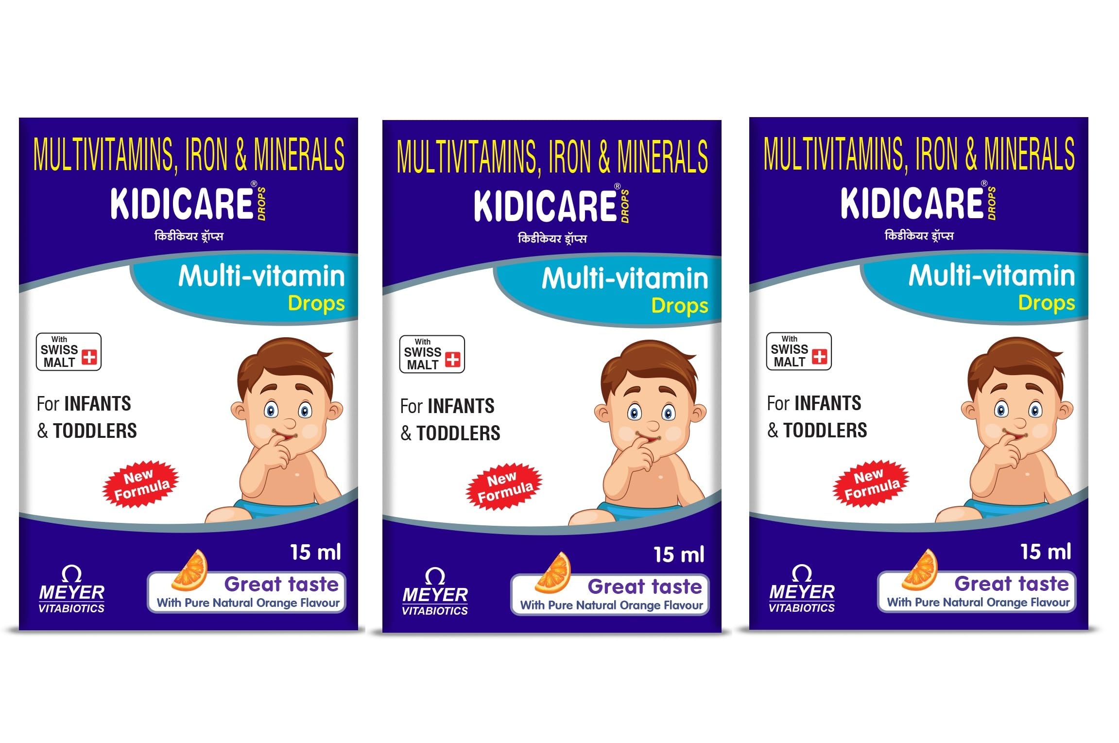 Kidicare Multivitamin Drops with Iron & Minerals | With Swiss Malt | For Infants & Toddlers | Supports Growth, Immunity & Development 15 ML (Pack Of 3)