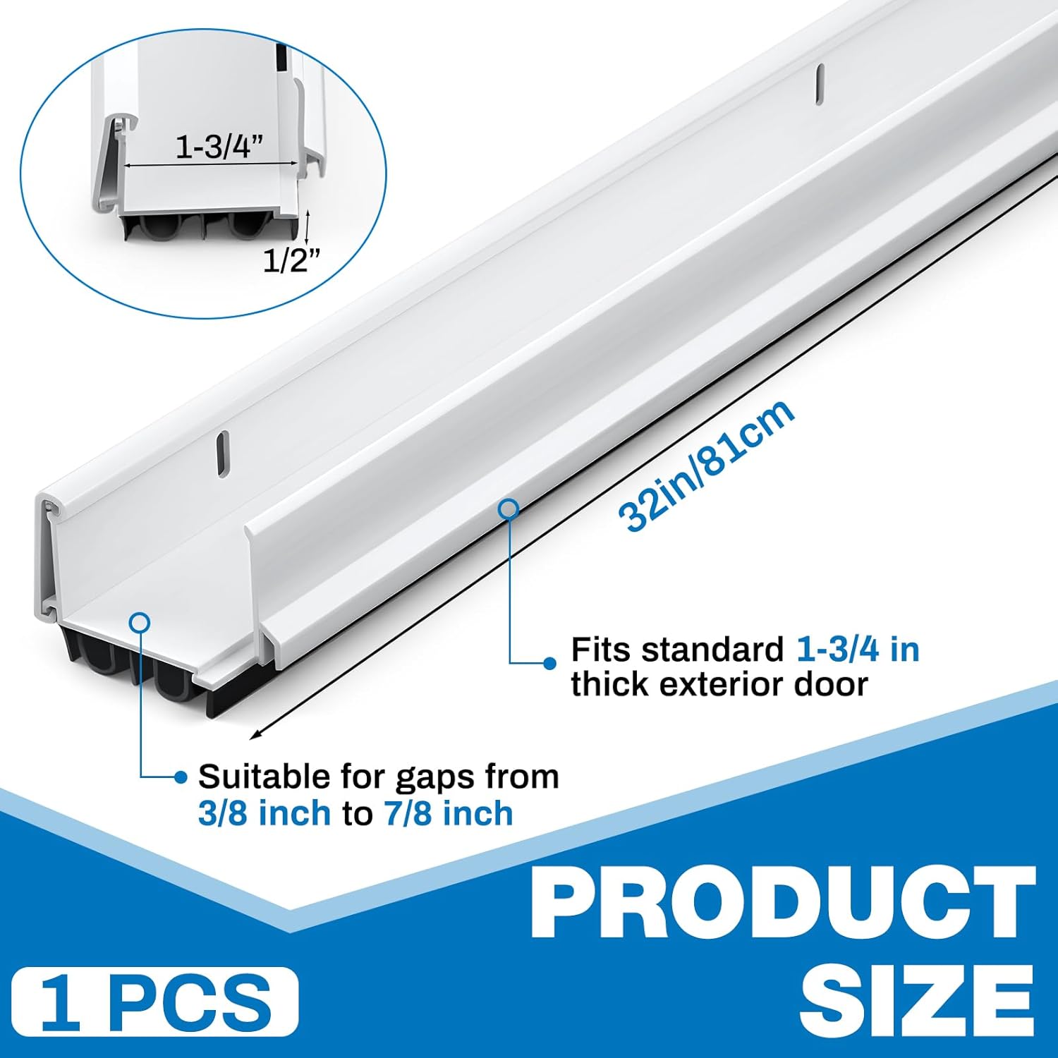 1-3/4 x 32 adjustable double bubble door sweep bottom of door, under doors seal for exterior doors, energy efficient draft stopper, slide to install, blocks dust/insects/noise(white) 32 inch white 1