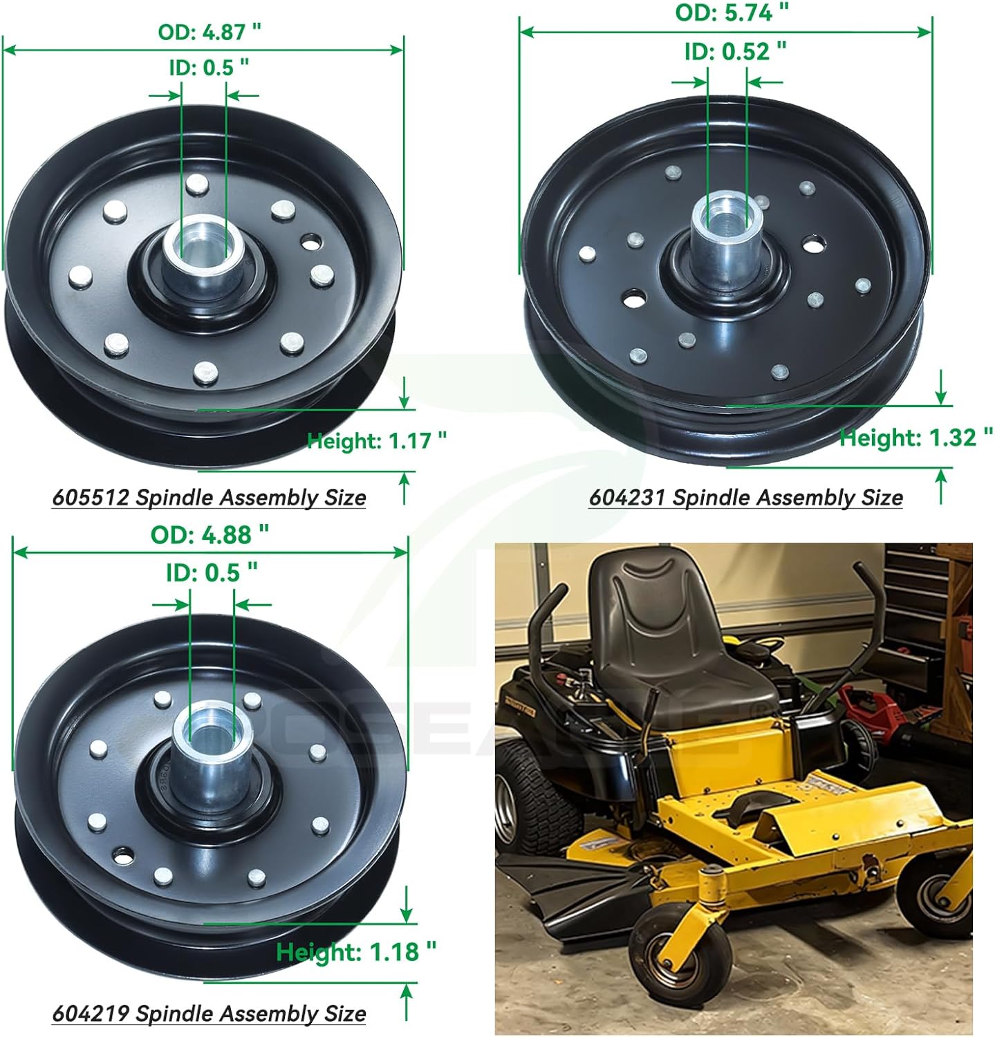3 Pack 604214 Spindle Assembly with 603988 Spindle Pulley 604219 604231 605512 Idler Pulley 607162 Belt Replace Hustler 604214 Spindle Assembly, Hustler Raptor 52 inch Deck Spindle 604214