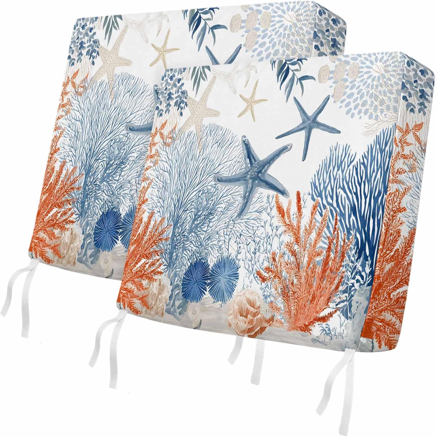Outdoor Waterproof Cushion Covers Marine Life Blue Coral Starfish Replacement Seat Slipcover for Patio,Summer Ocean Theme Chair Couch Sofa Covers Furniture Protector Set of 2,22x20IN
