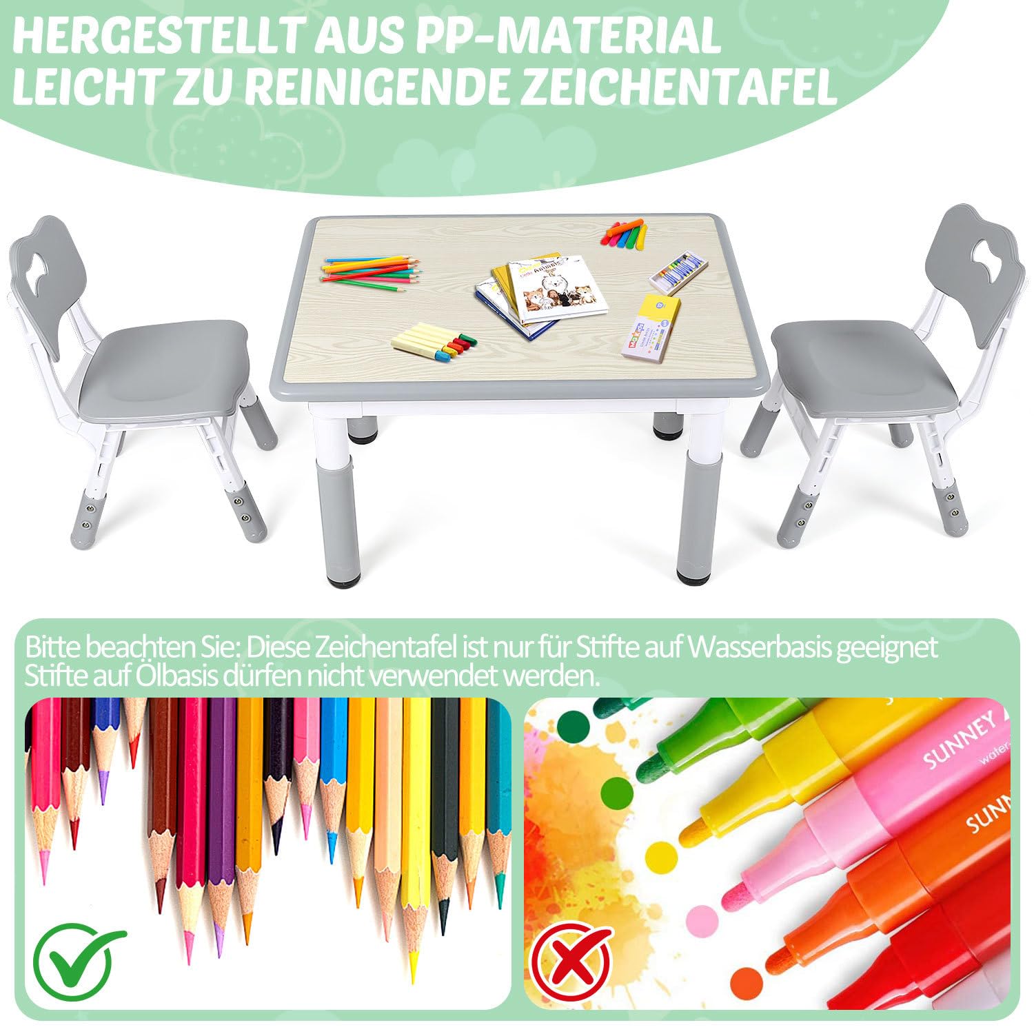 Tavolo per bambini con 2 sedie, altezza regolabile in 7 posizioni, 80 x 60 cm