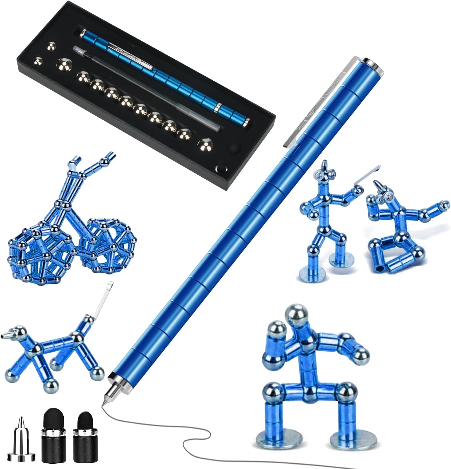 Magnetic Pen, Decompression Fidget Pen, Multifunction Writing Magnet Ballpoint Pen, Magnetic Metal Ball Pen with Box, Stress Relief Toys for Friends, Adults (Blue)