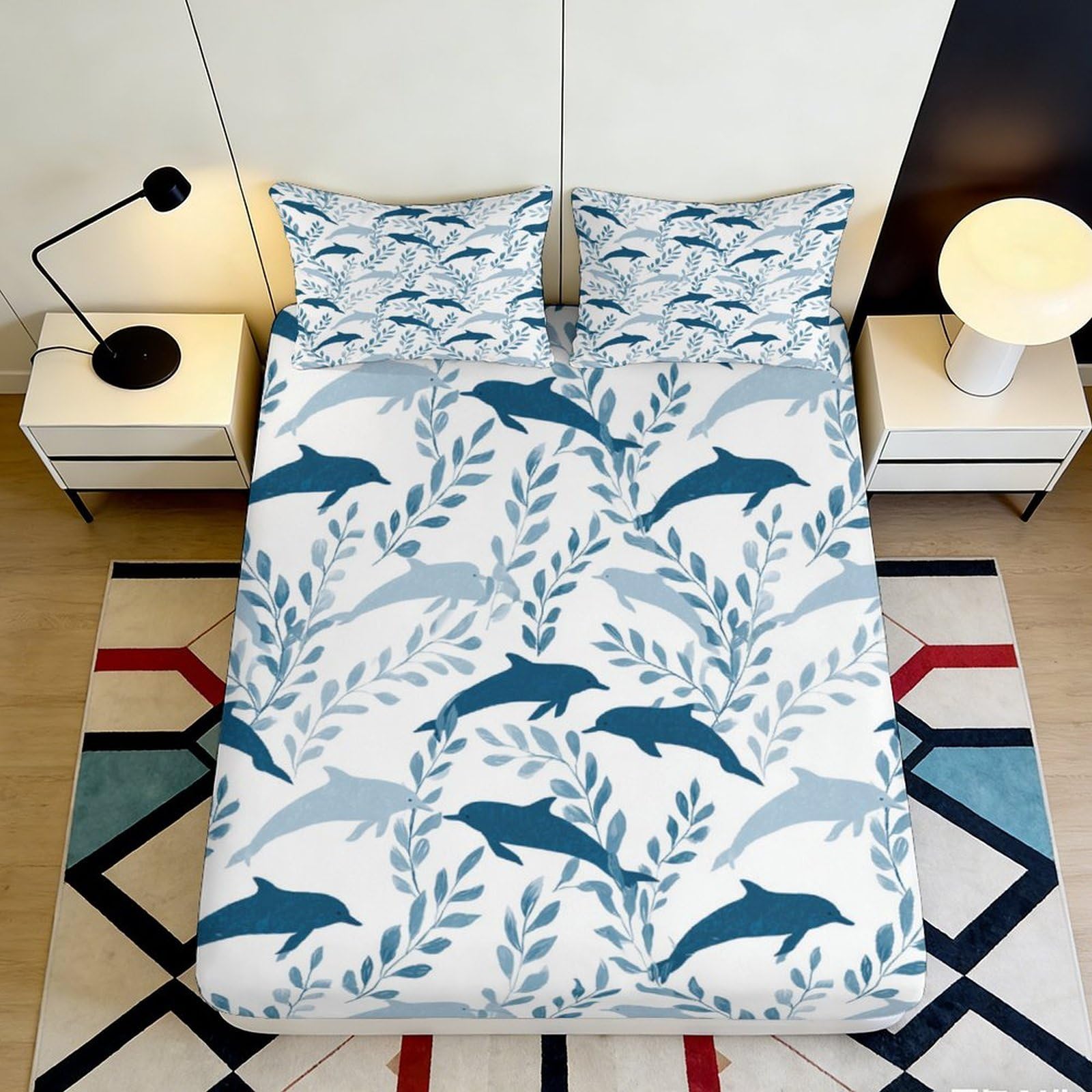 3D Printed Dolphin Pattern Fitted Sheet Microfiber Deep Pocket Non-Slip Bedding Dolphin Mattress Fitted Cover for Bedroom 200x200x25cm