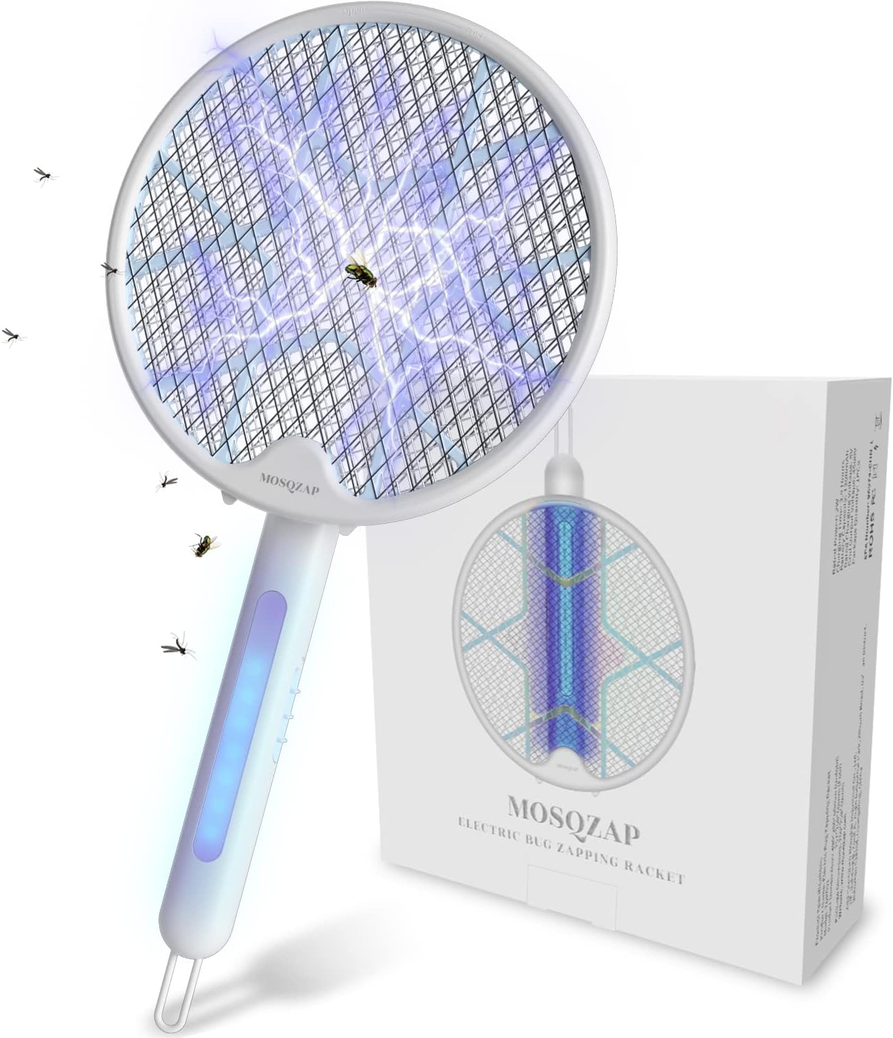 MOSQZAP Electric Fly Swatter, Foldable Bug Zapper Racket, 3,500Volt Mosquito Killer Electronic Fly Zapper w/Purple Light Attractant for Home Indoor Outdoor, Large Size, White : Patio, Lawn & Garden