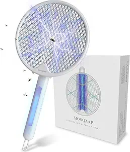 MOSQZAP Electric Fly Swatter, Foldable Bug Zapper Racket, 3,500Volt Mosquito Killer Electronic Fly Zapper w/Purple Light Attractant for Home Indoor Outdoor, Large Size, White