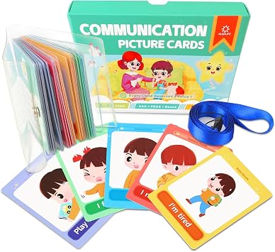 Communication Cards for Nonverbal Kids- 52 Flash Cards Lanyard for Special Needs Language Learning, Emotion & Routine Flashcards,Pictured Speech Therapy, Speech Delay Learning Materials