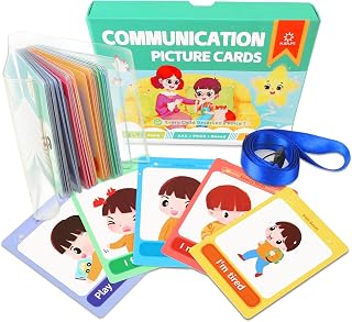 Communication Cards for Nonverbal Kids- 52 Flash Cards Lanyard for Special Needs Language Learning, Emotion & Routine Flashcards，Pictured Speech Therapy, Speech Delay Learning Materials