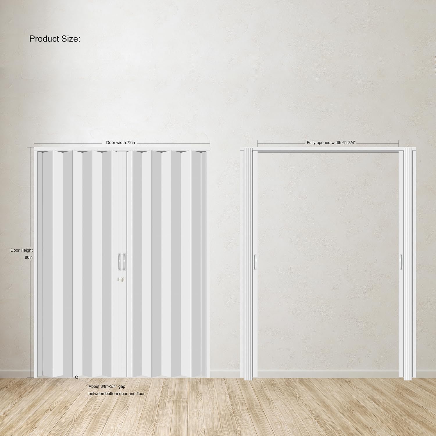 diyhd 72x80in double accordion door, white double layer pvc folding door for closet & doorway, no floor track, space-saving closet doors, includes mounting hardware,handle,latch, middle closure 72x80in double door white