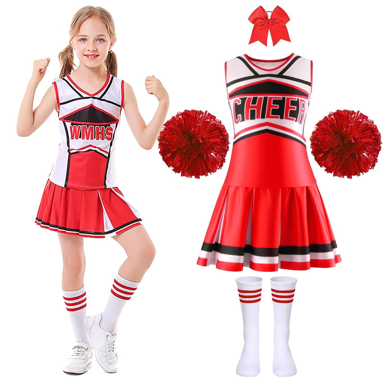 Costume Pompom Girl Enfant - Tenue de Pompom Girl Fille 6-12 Ans avec Pompons - Déguisement Cheerleader pour Halloween, Carnaval et Fête Déguisée