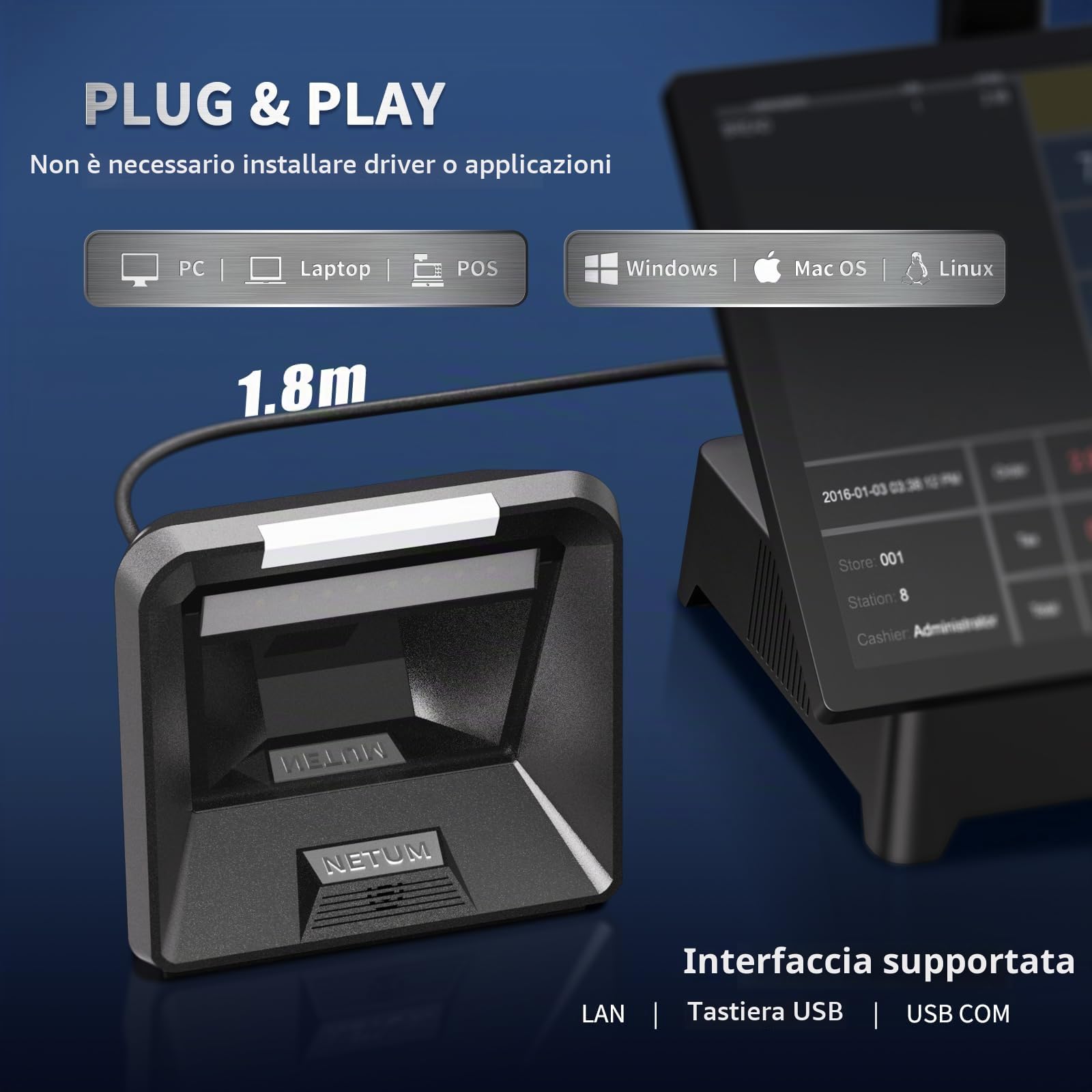 NETUM Scanner 2D Omnidirezionale per Codici a Barre, Dispositivo di Scansione USB con Cavo per Codici 1D/2D, QR e PDF417, Lettore Barcode Professionale con Sensore Megapixel per Supermercato e POS