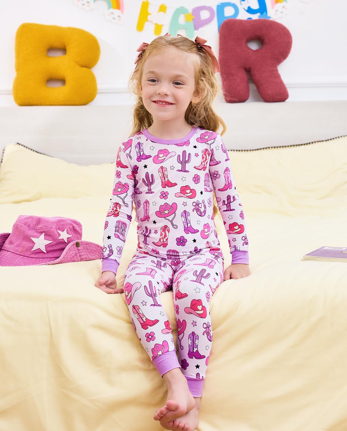 babee Reshinee Bamboo Viscose Toddler Girls Kids Pajamas Cowgirl Boots Pjs Long Sleeve Snug fit 6-7Y 2pcs Soft Jammies