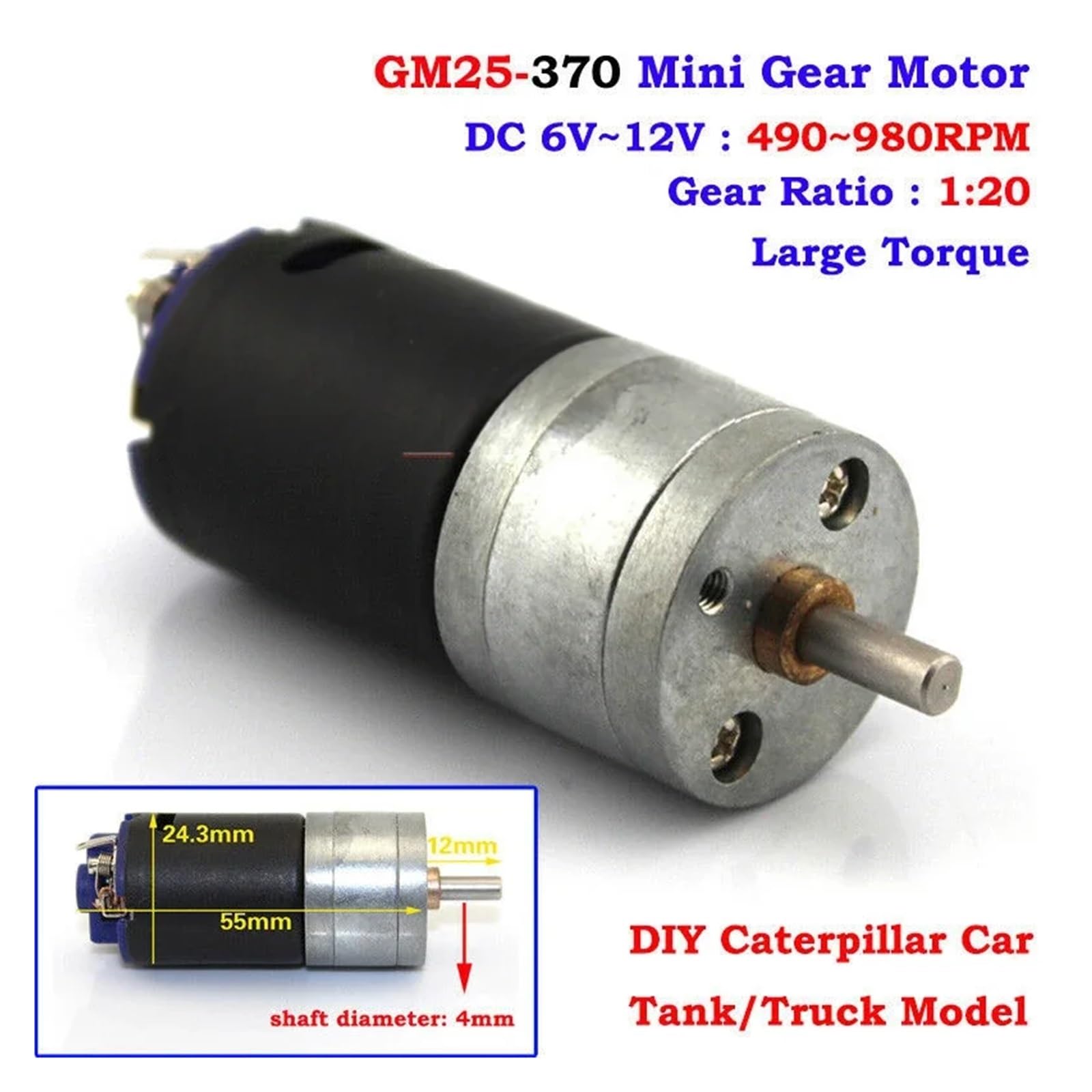 GM-25 370 Ingranaggi Elettronico Starter DC 6V-12V 980RPM 25mm Full Metal Gearbox Grande Coppia FAI DA TE Caterpillar Auto Giocattolo Serbatoio Modello Motori