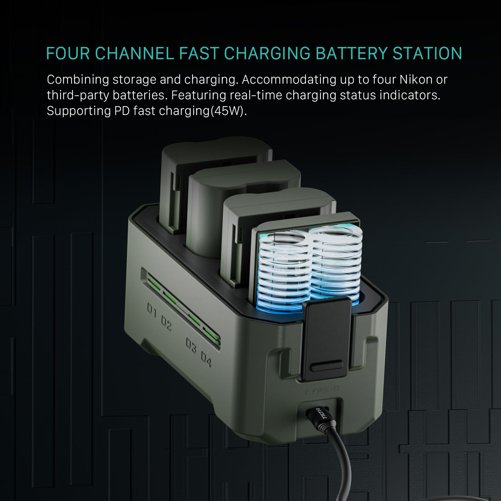 Tilta EN-EL15 - Stazione di ricarica portatile – verde | carica 4 batterie w/USB-C PD 45W ricarica rapida | compatibile con Nikon Z8, Zf, Z7II, Z6II, Z7, Z6, Z5, D850, D810, D750, D610, D500, D7500