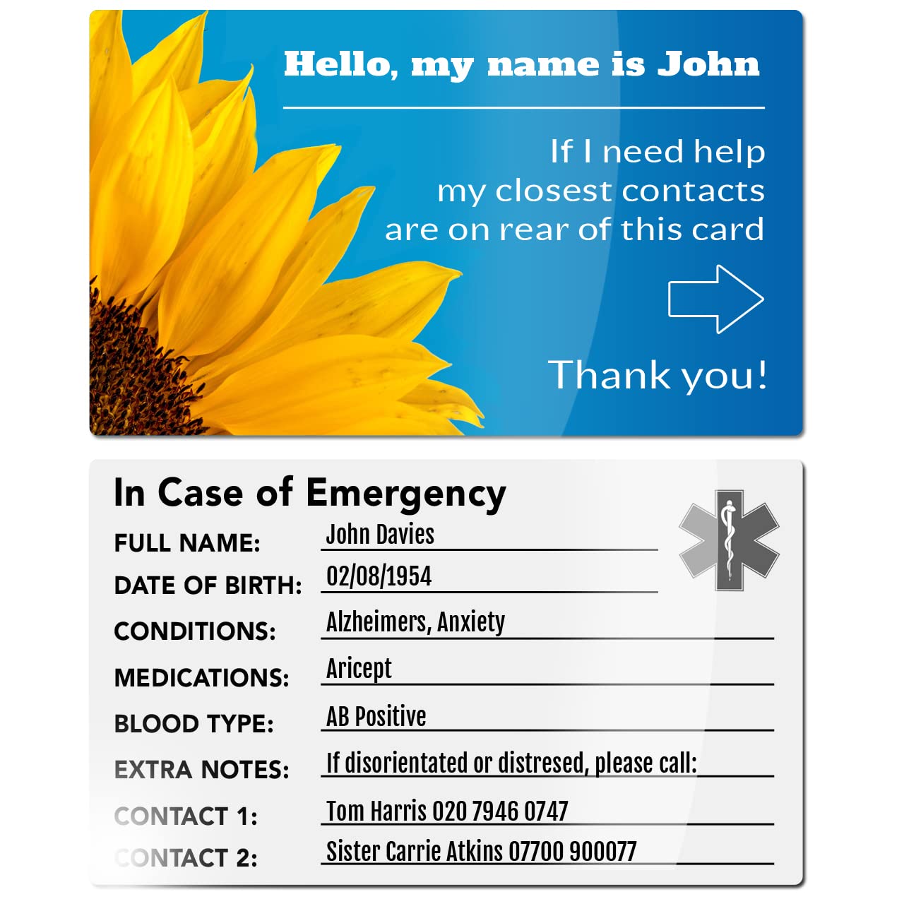 Personalised Hidden Condition or Elderly Person's in Case of Emergency ICE ID Identification Card Badge for Lanyard Holder (Optional), Wallet or Purse. 100% Recycled Eco-PVC