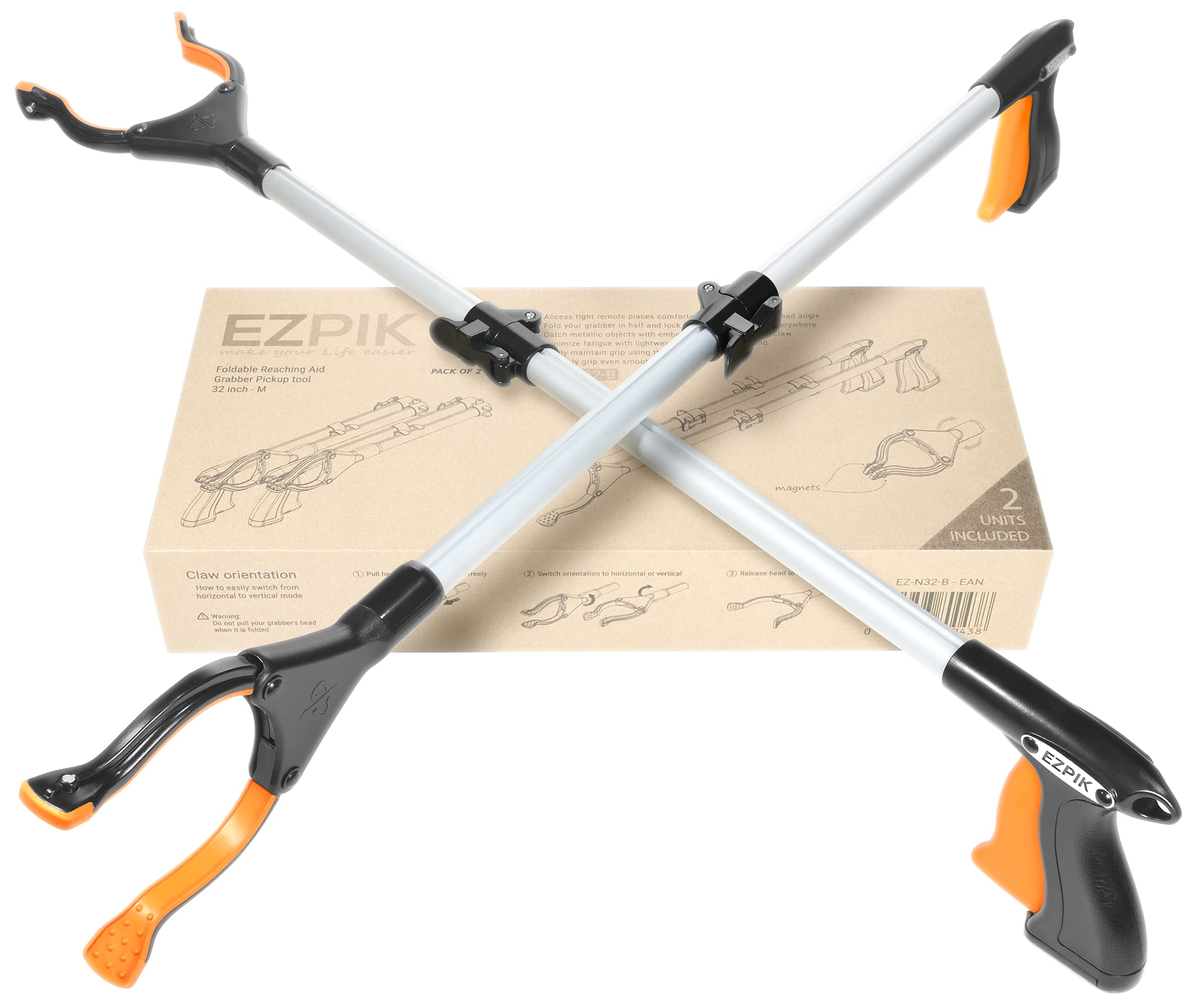 EZPIK® Grip Aid Tool Grabber Reacher + Magnets - Grabbers for Seniors, Trash Picker Upper Grabber - Trash Grabber Tool- Reacher Grabber Pickup Tool (Silver, 32″ (Pack of 2))ClimatePartner certified
