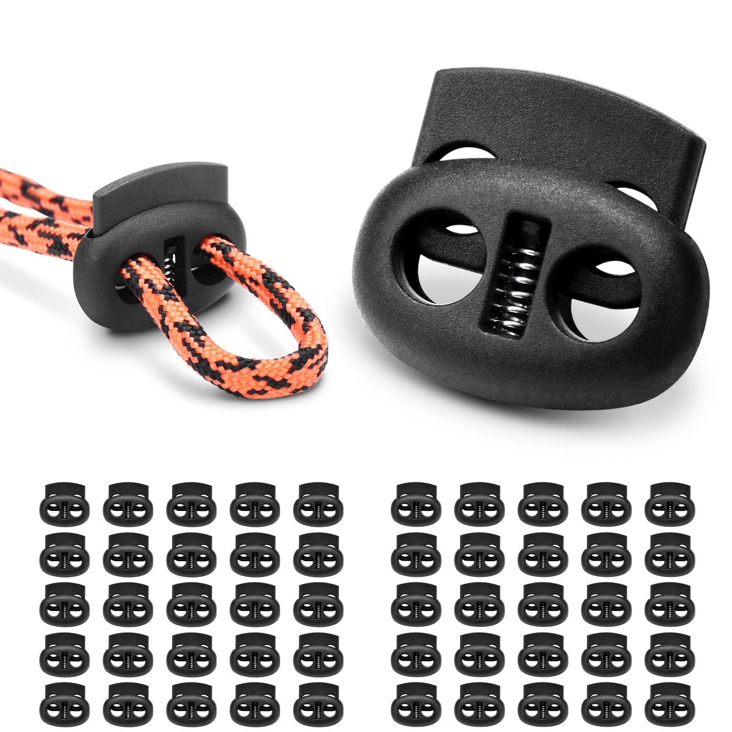 50 Pcs Plastic Cord Locks for Drawstrings Double Hole Spring Stopper Fastener Slider Toggles End for Drawstrings Shoelaces Backpack Lanyard