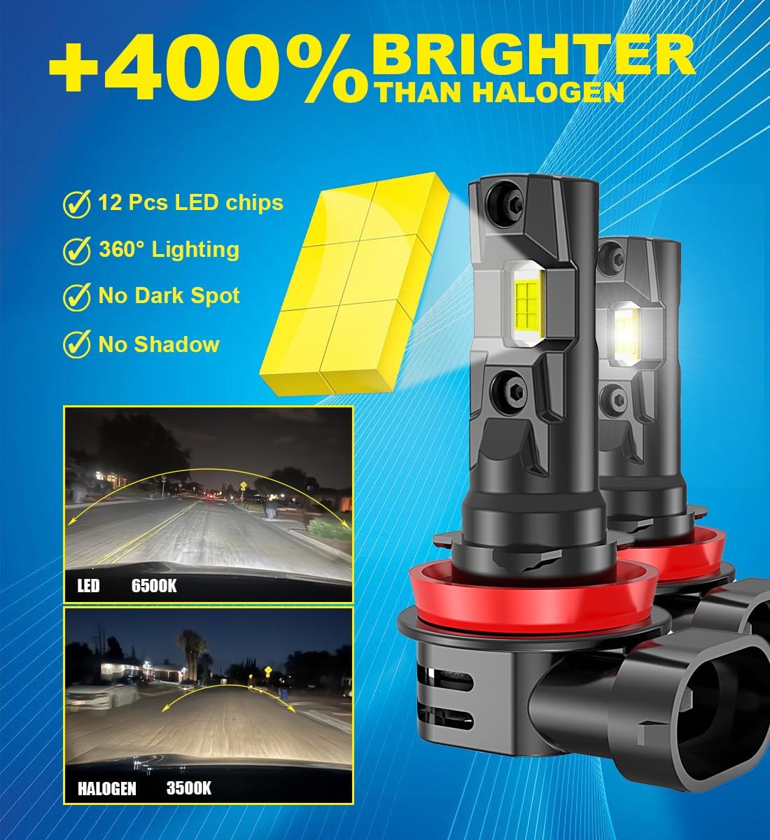 Lampadine H11 Fendinebbia LED Bianco 6500K 12V 50W 6000LM, H8 LED Fendinebbia H11 LED Canbus per Auto Abbagliante Anabbagliante e Fendinebbia, 2pcs