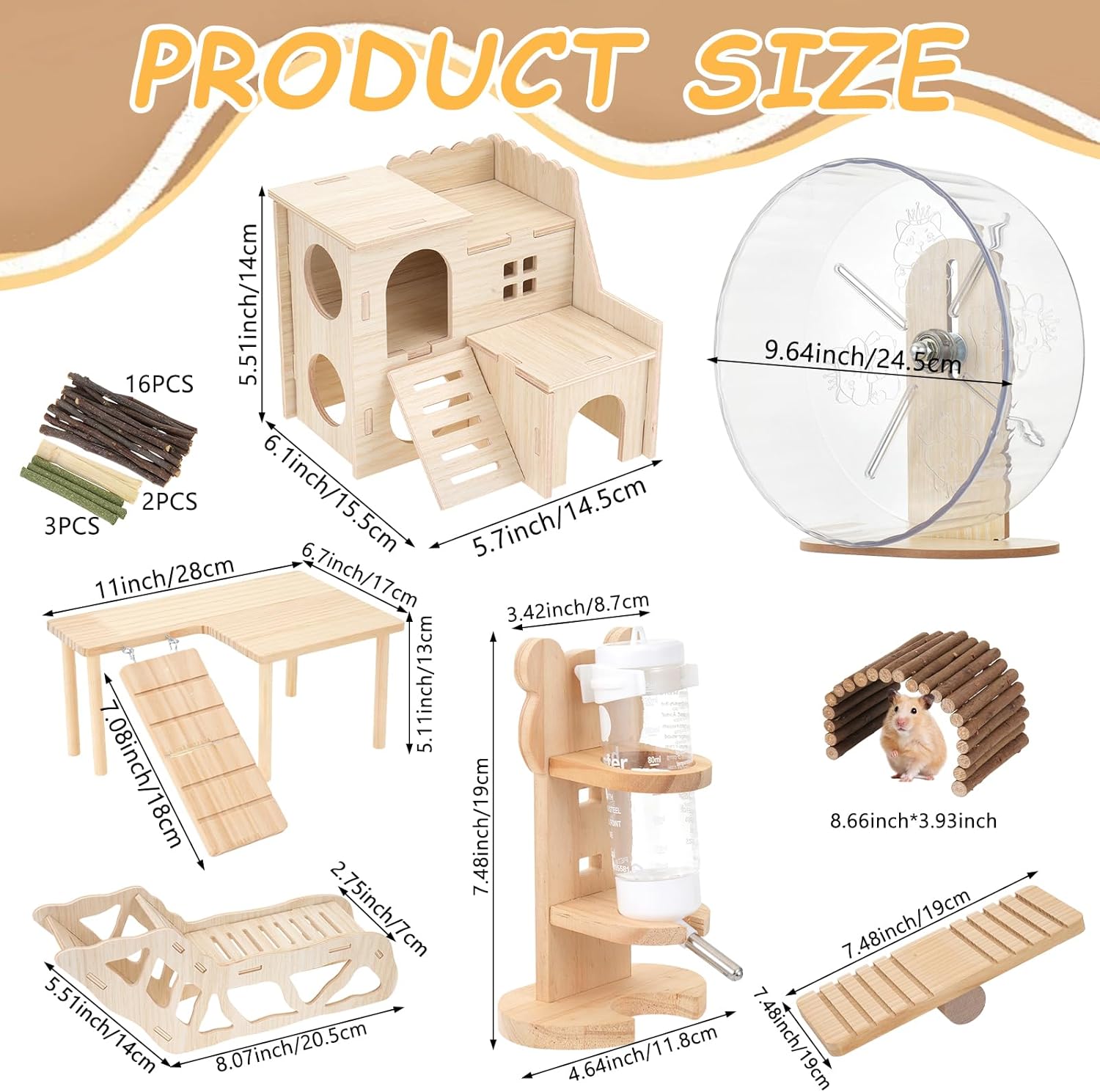 Hamster Toys Complete Set - Noiseless Silent Exercise Wheel, Maze Wood House, Stand, Chew Toys & Water Bottle Cage Accessories for Hamster, Rat, Mice Small Animal Habitat