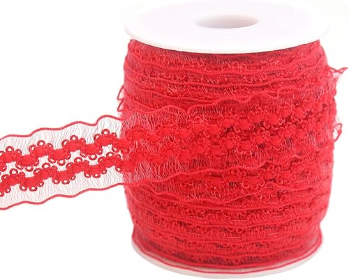 20 yardas, ribete de organza con volantes de doble onda, color rojo, 1 pulgada, elástico para manualidades, banda de encaje elástica para la cabeza,