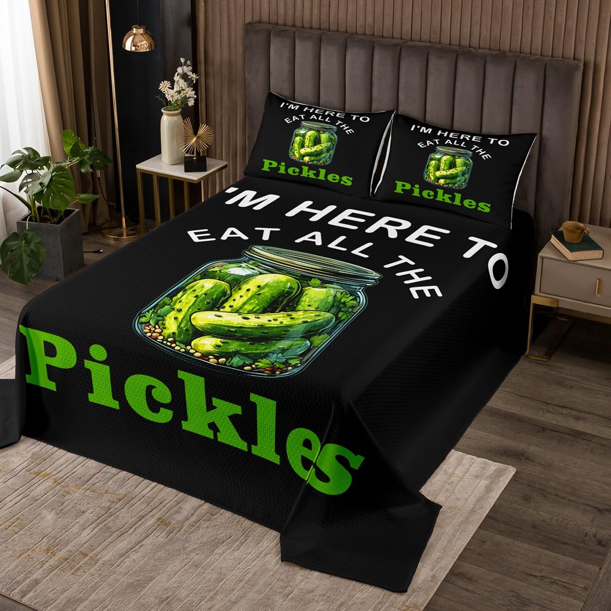 Pickles Cucumber Kids Bedspread Twin Size,Pickled Vegetable Fruits Coverlet Set,Girls Boys Room Decor,Western Food Modern Fashion Quilted Coverlet,Black Green Bedding Quilt,1 Pillowcase