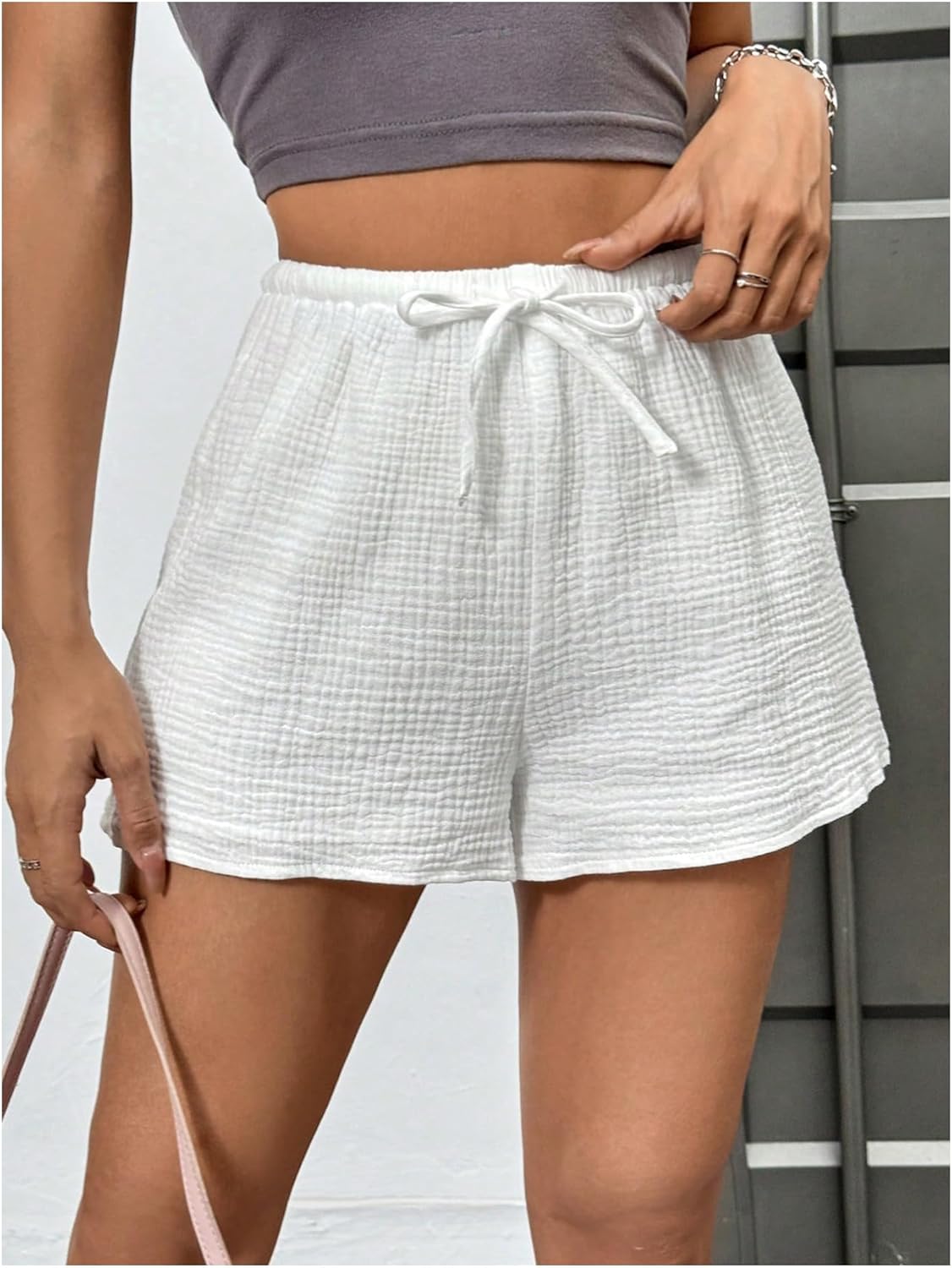 Women's Elastic High Waisted Track Shorts Casual Wide Leg Textured Drawstring Mini Shorts - Image 2