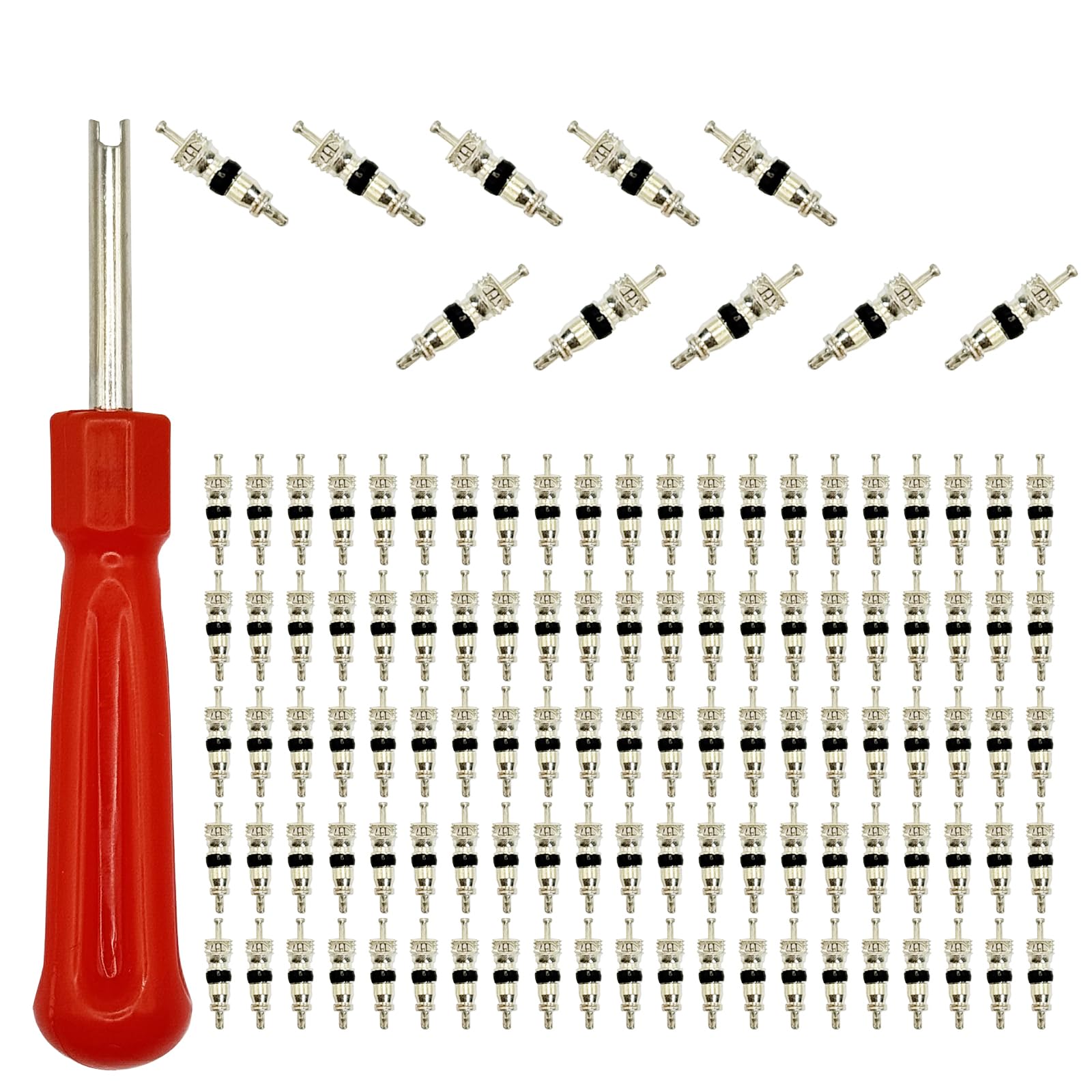 LLAUTOOLS 100Pcs Schrader Tire Valve Core and 1Pc Valve Core Removal Tool,Replacement for General Vehicles of Cars,Motorcycles,Bicycles and Trucks,Two Colors Seal Rubber Ring Available (Black)