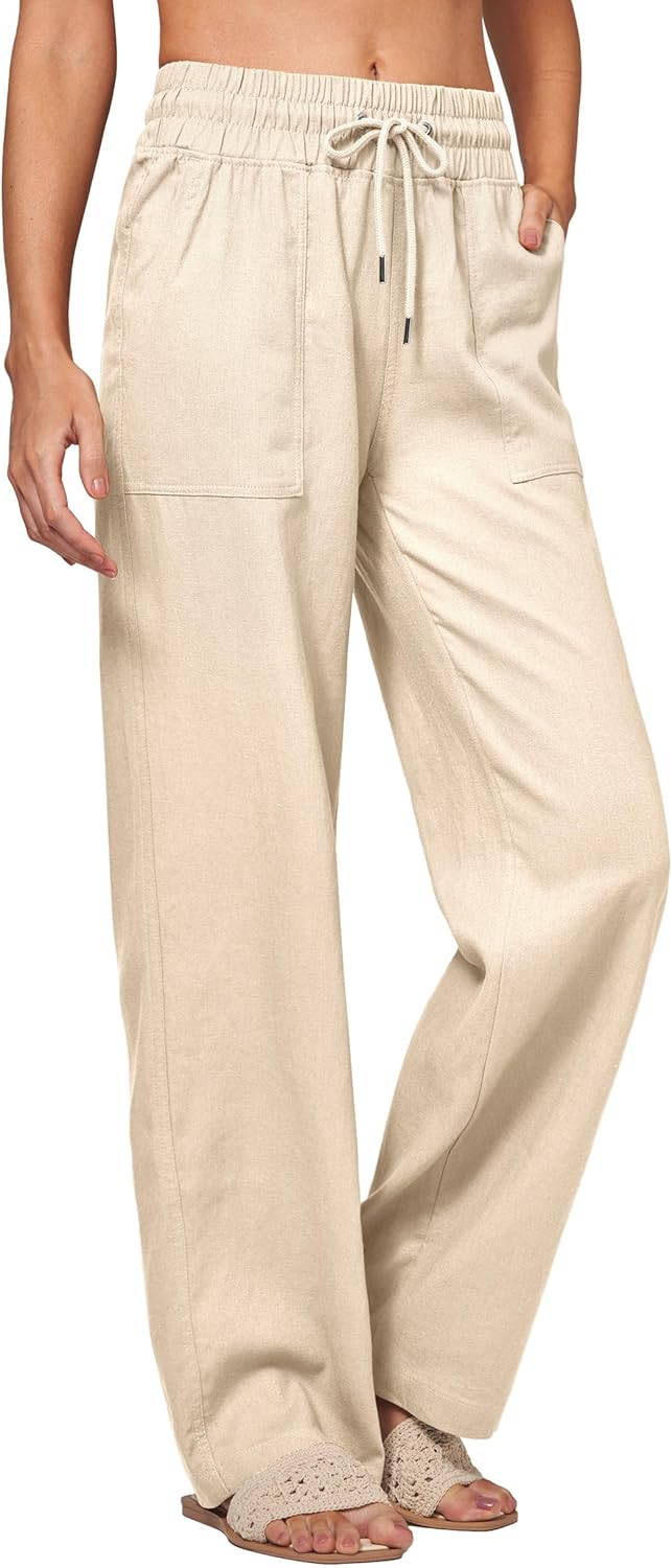 Women Linen Pants Wide Leg Palazzo Pants Cotton Linen Drawstring Summer Pants with Pockets 31" Khaki - Image 4