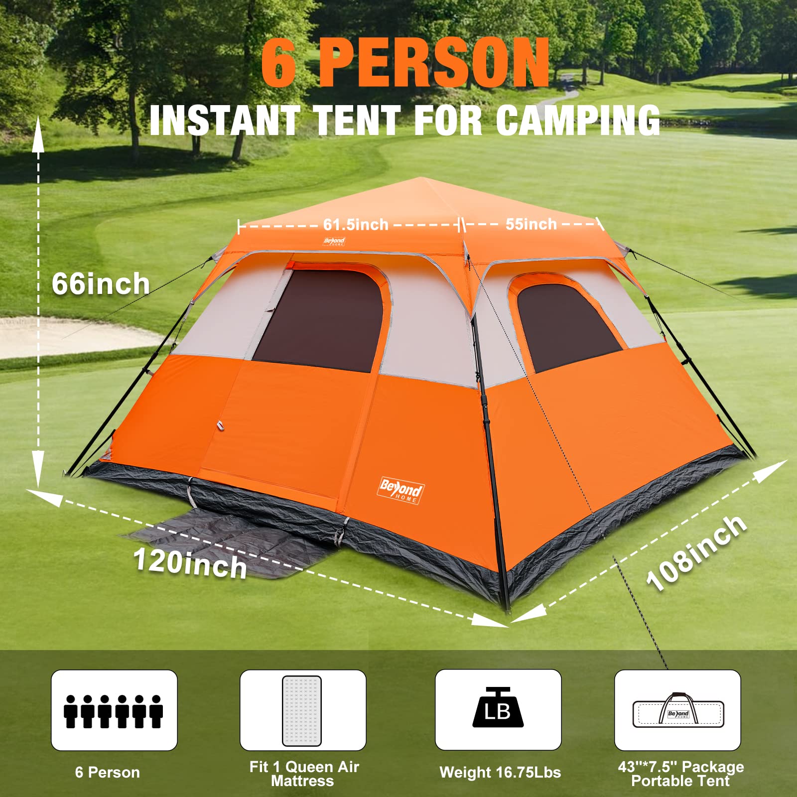 BeyondHOME Tent, 6 Person 60 Sec Setup Family Camping Tent, Waterproof & Windproof Tent with Top Rainfly, Upgraded Ventilation System, Instant Cabin Tent for Camp Backpacking Hiking Outdoor, Orange