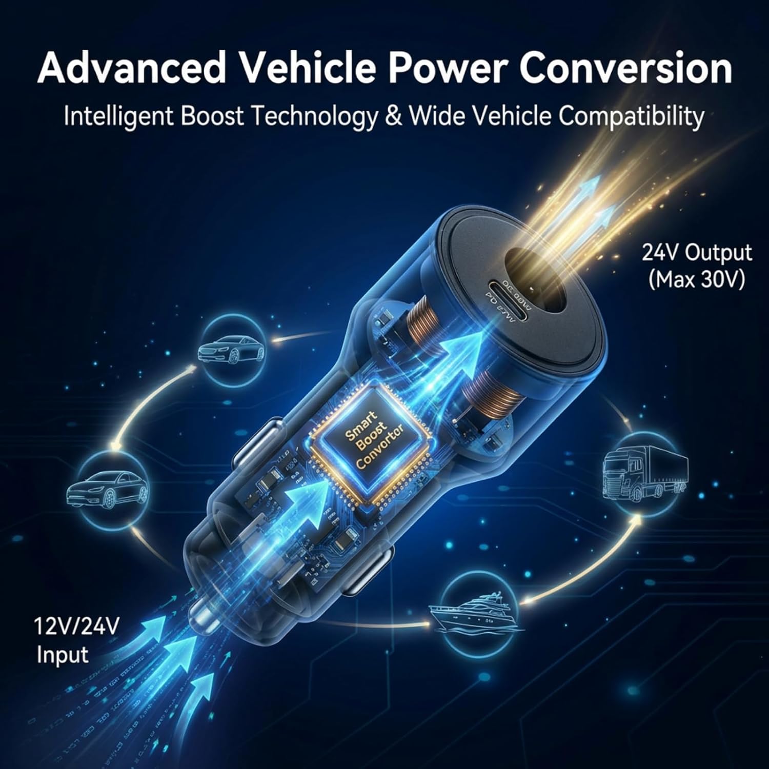 2 in 1 Starlink Mini Car Adapter 12V to 24V DC Step Up Converter, 6.5FT 20AWG Starlink Mini Cable with Cigarette Lighter Adapter 60W DC + 27W PD Car Power Supply for RVs, Boats, Trucks
