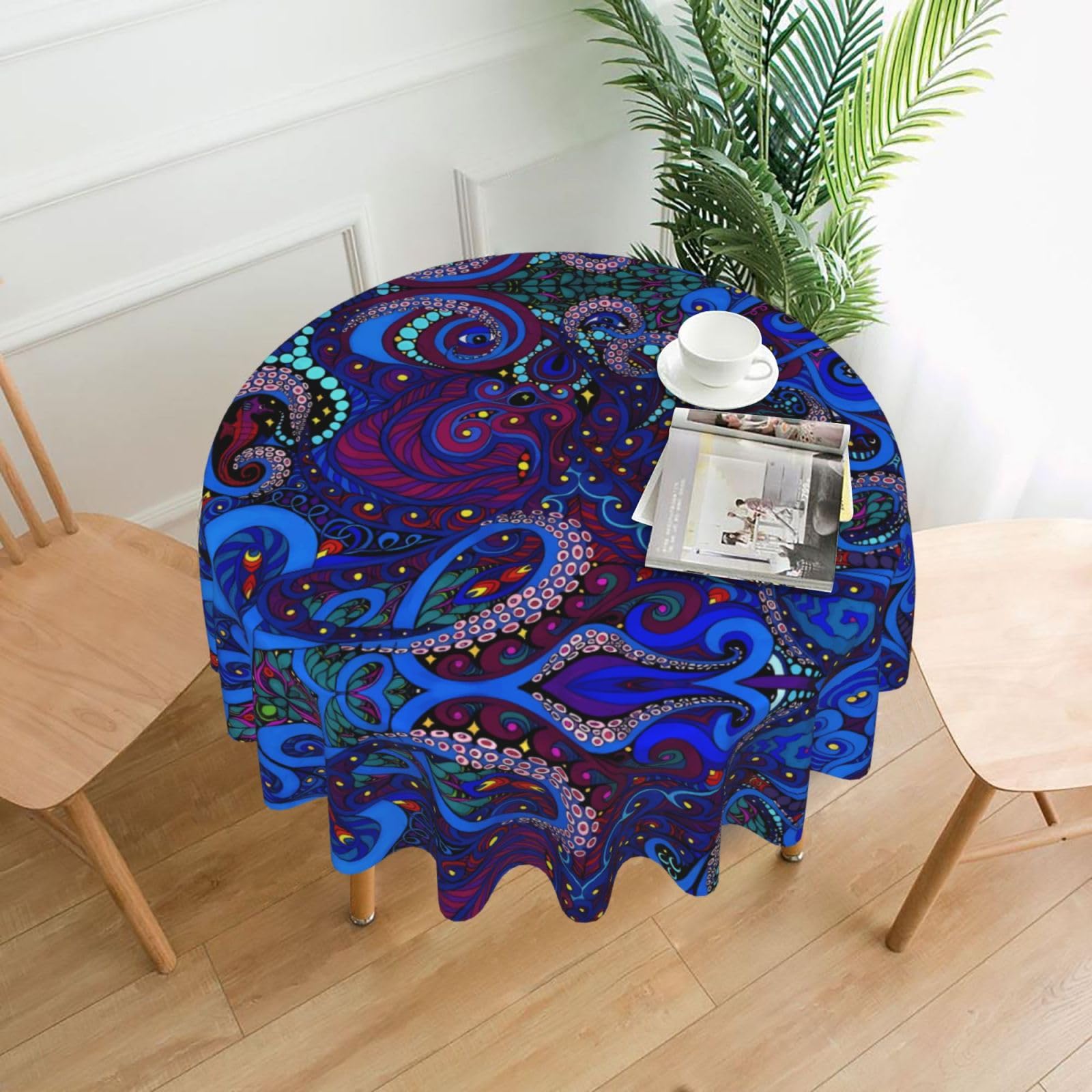 ZHAOUR Blue Octopus Print Round Washable Tablecloth – Table Cover