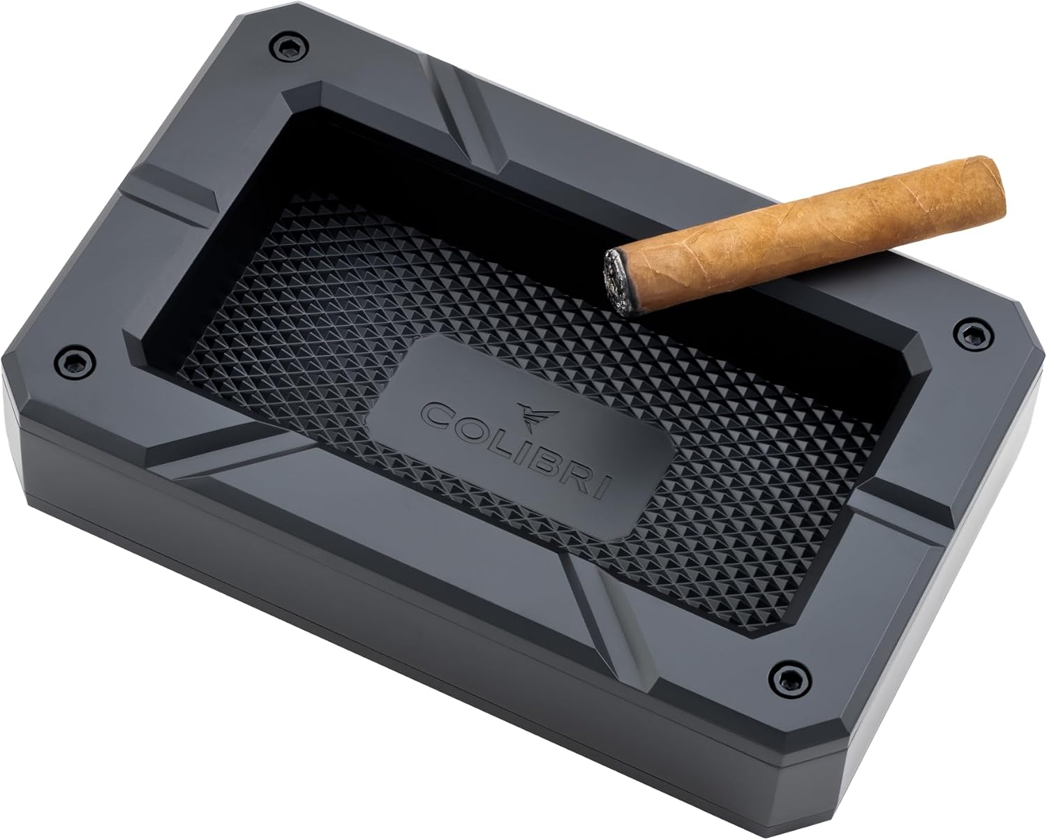 Colibri Rally Cigar Ashtray - Premium Metal Design with 6 Cigar Rests, Textured Diamond Pattern, Deep Ash Bowl for Home Office Man Cave Lounge (Black + Black)