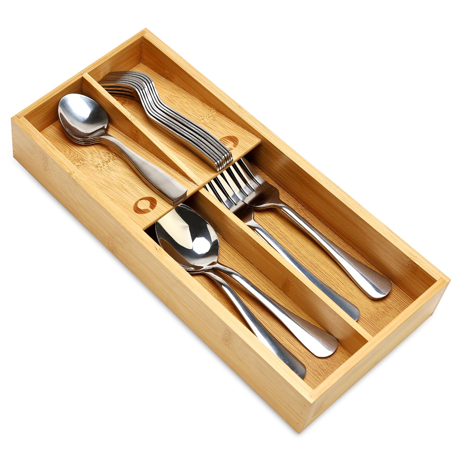 Small Bamboo Silverware Organizer for Drawer Utensil Tray Wood Cutlery Organizer Holder Narrow Flatware Caddy Wooden Kitchen Utensil Cutlery Drawer Skinny Fork and Spoon Silverware Organizer Tray