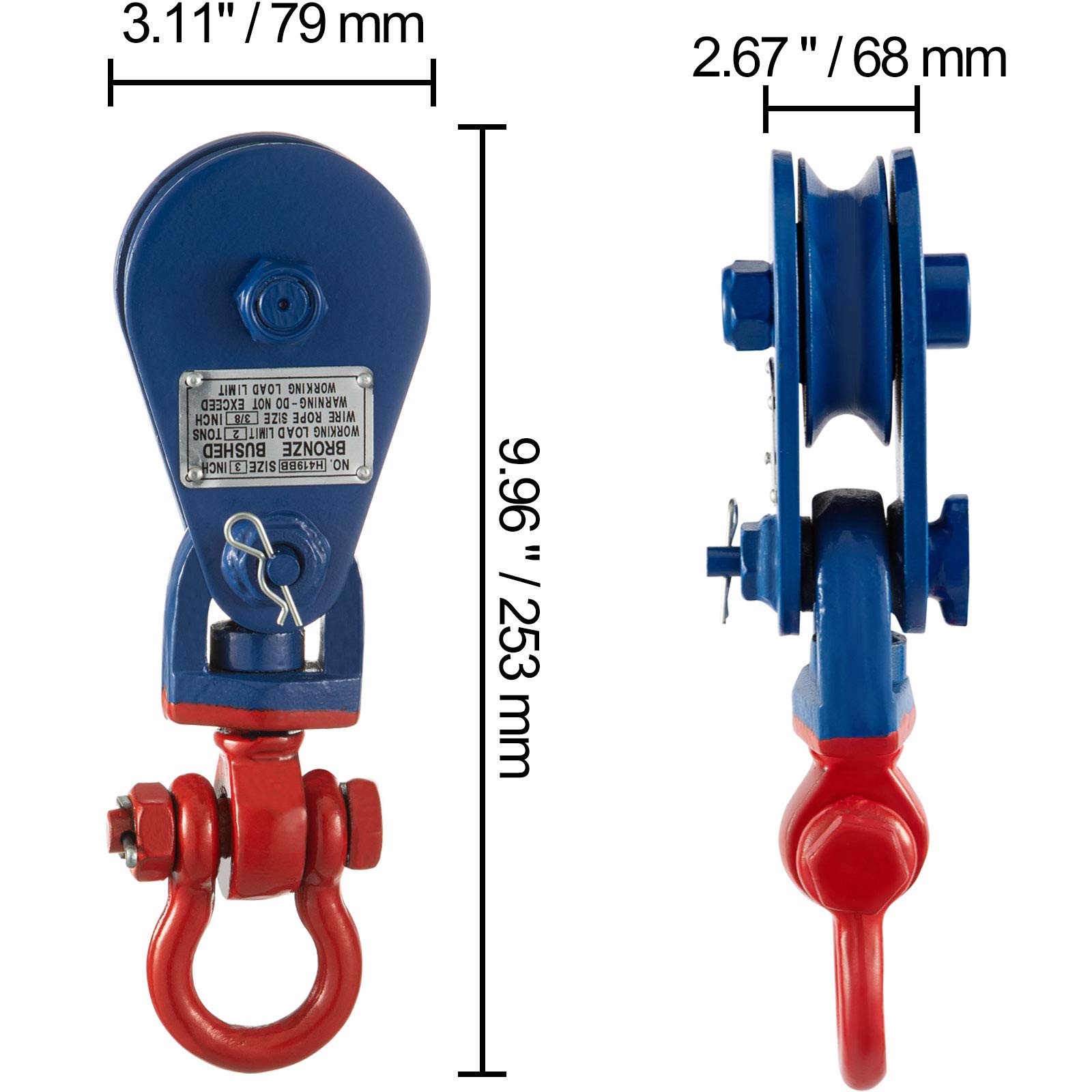 VEVOR Seilwinde mit Kette, 2 Tonnen Umlenkrolle, 76 mm Einscheibenblock mit Drehhaken, G70-Kette, passend für 10 mm Drahtkabel, Ideal für Hebe-, Schlepp-, Bergungs- und Montagearbeiten