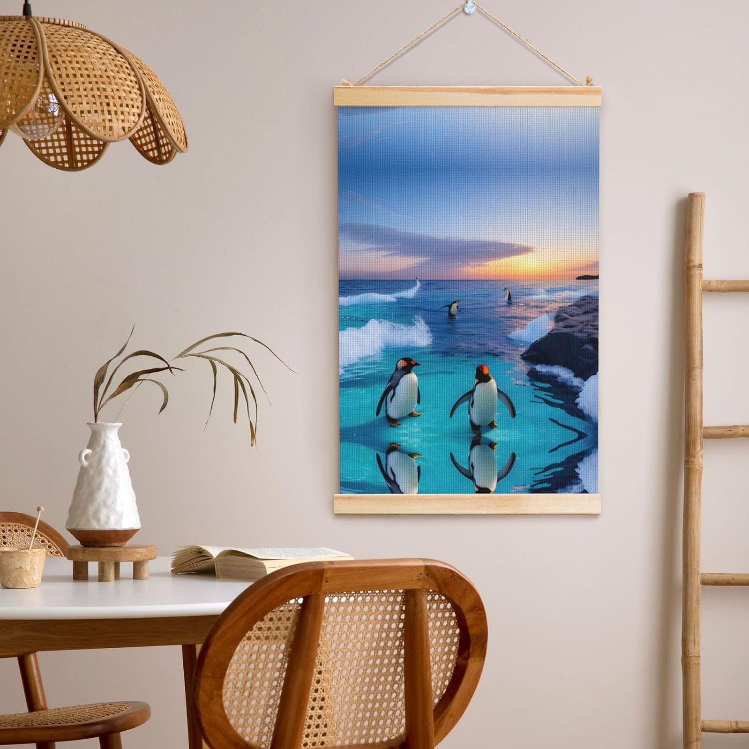 Penguin And Sea Print Poster Hanger,Hanging Poster, Poster Frame,Wood Poster Hanger, For Wall Hanging