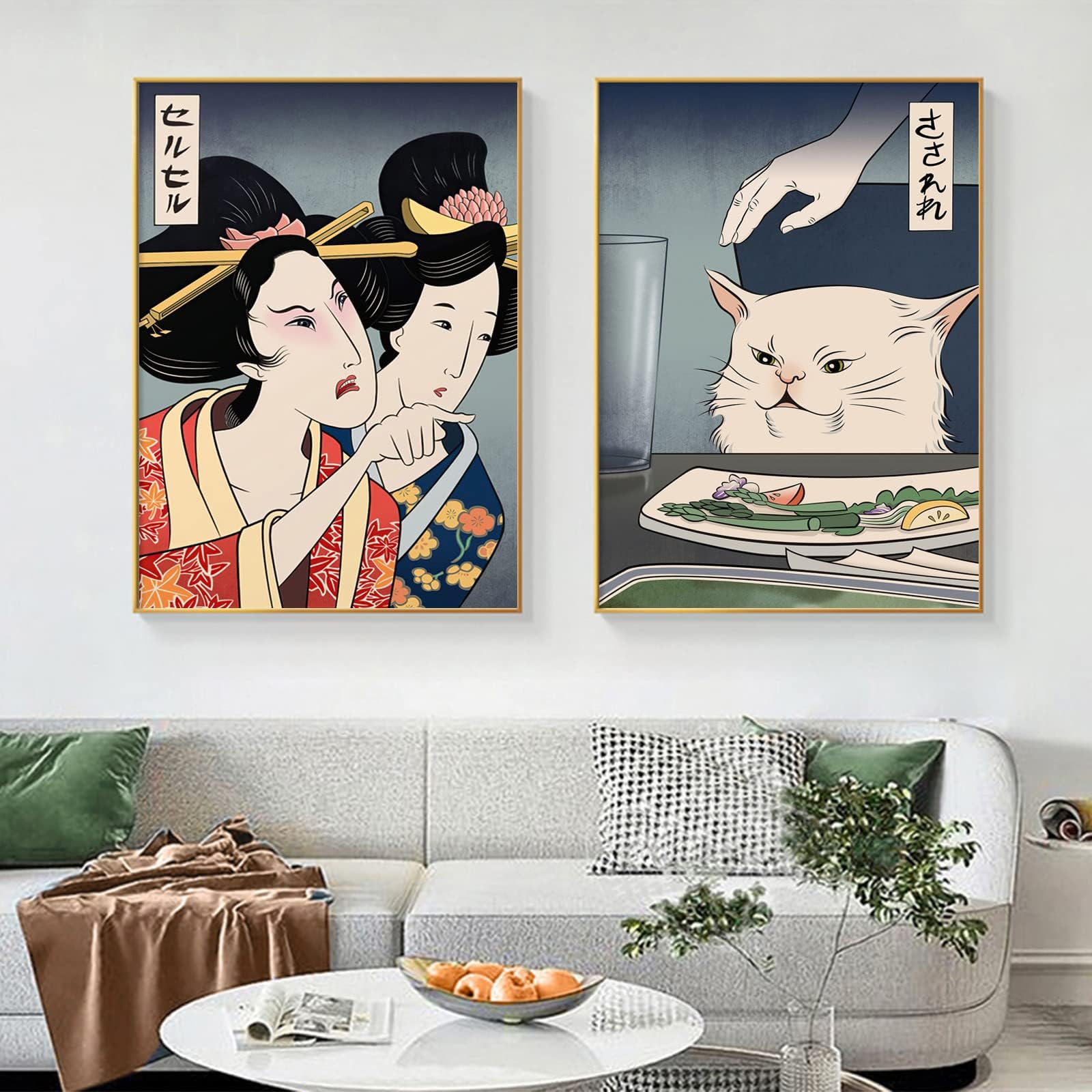 Woman Yelling At Cat Japanese Wall Art Japanese Anime Canvas Funny Women Posters Cute Woman And Kitty Prints Japan Geisha Painting Women And Cat Artwork Pet Funny Kitty Pictures 16x24inchx2 No Frame
