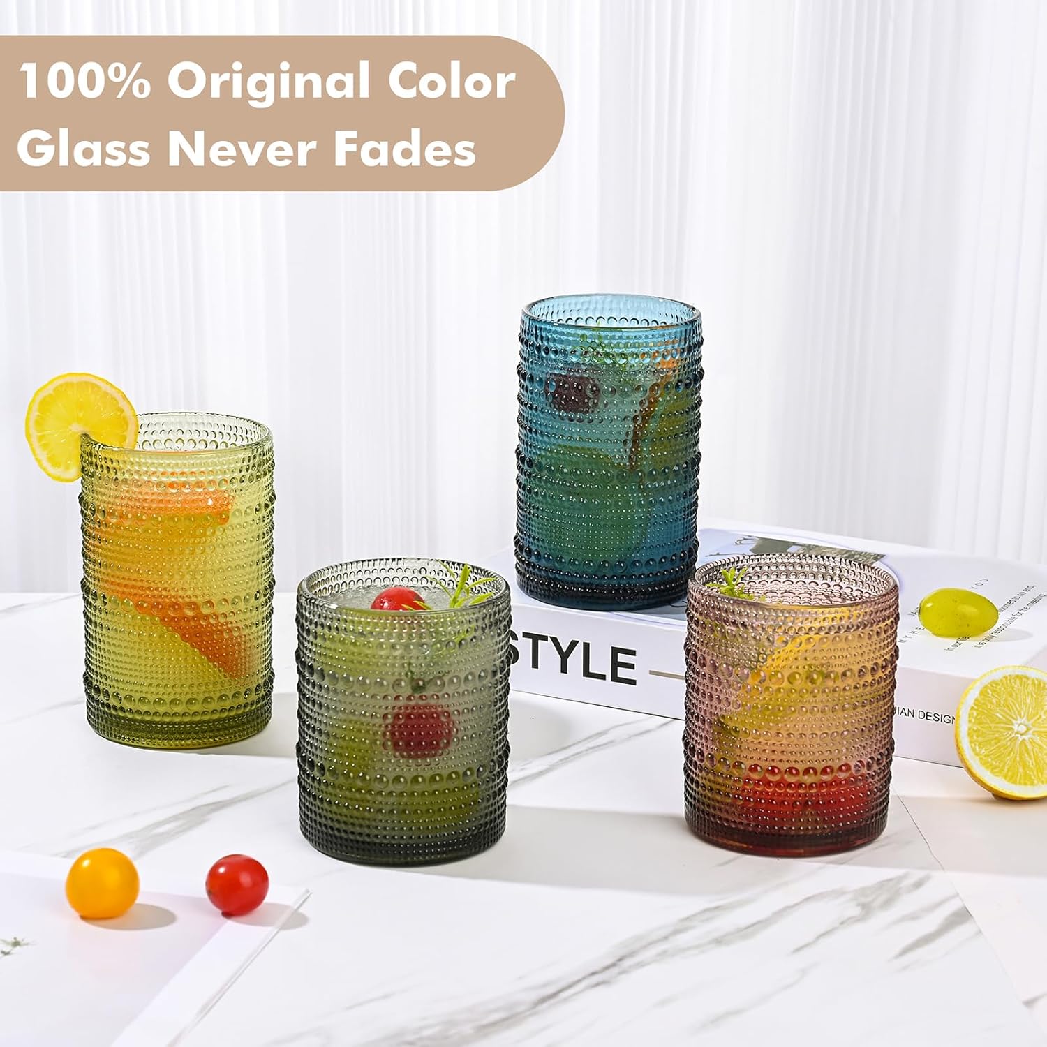 Vintage Hobnail Drinking Glasses Set of 8,Colored 12 oz & 15oz Highball Glass Cups, Kitchen Drinkware Glassware,Embossed Water Tumbler,for Beer,Cocktail,Whiskey,Juice and Various Mixed Drinks - Image 4