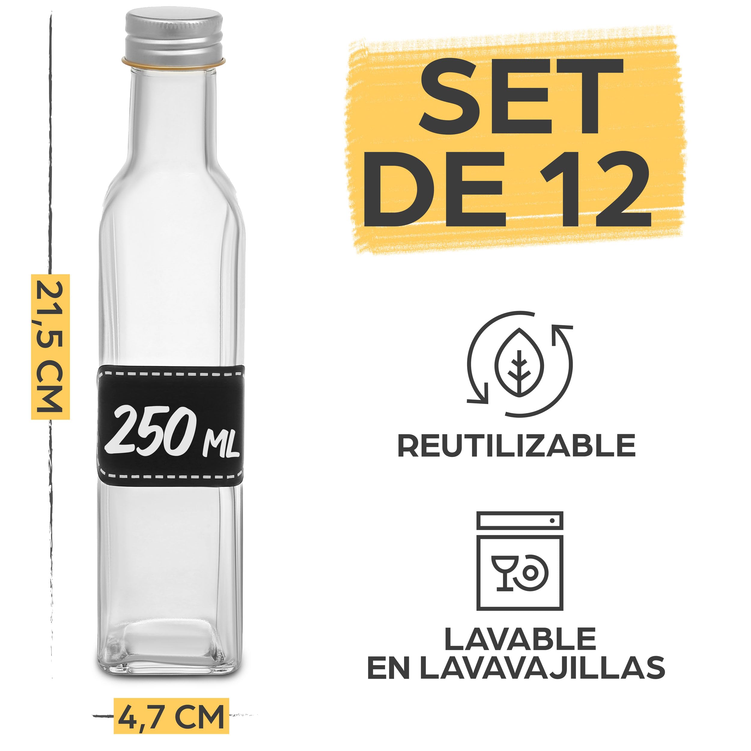 Praknu 12 Botellas Cristal 250ml con Tapón Rosca Hermético - Botella Vidrio para Licores Caseros, Aceite & Cerveza Artesanal
