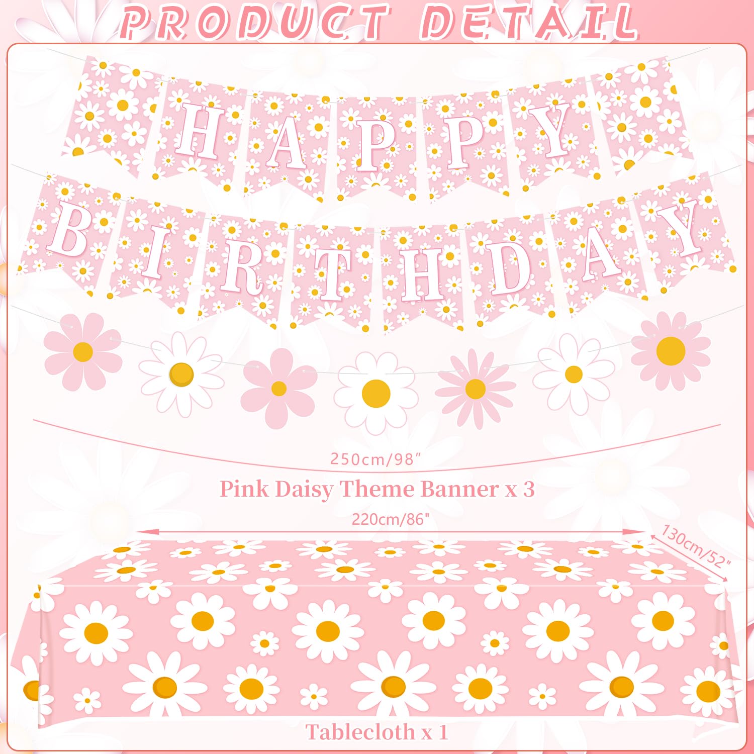 Pink Daisy - Decorazioni per feste di compleanno per ragazze, accessori per feste con striscioni, piatti, decorazioni per torte, bicchieri, tovaglioli, palloncini, tovaglie, per 20 persone