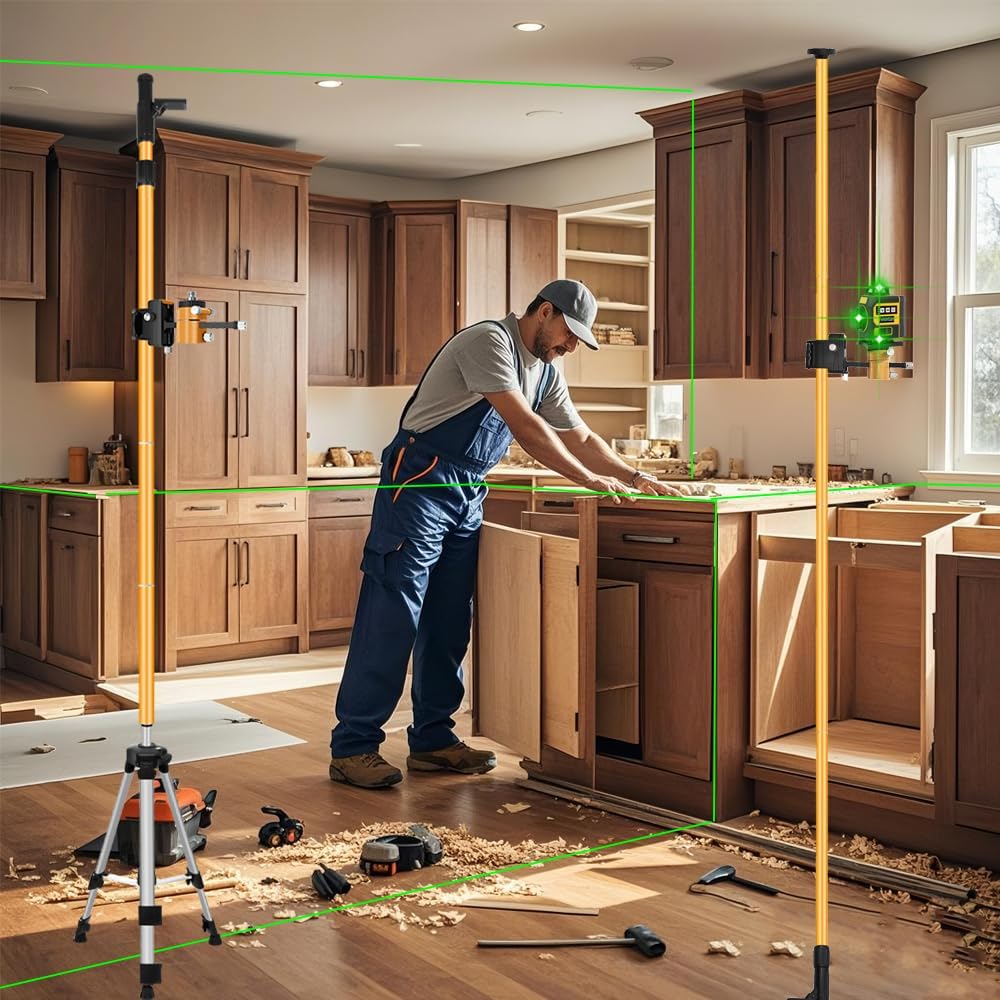 Laser Level Pole with Tripod with multifunctional gimbal,13.8 Ft./4.2M Pole &3.9 foot/1.2M retractable tripod with 5/8 and 1/4 conversion screws, for Rotary and Line Laser Level