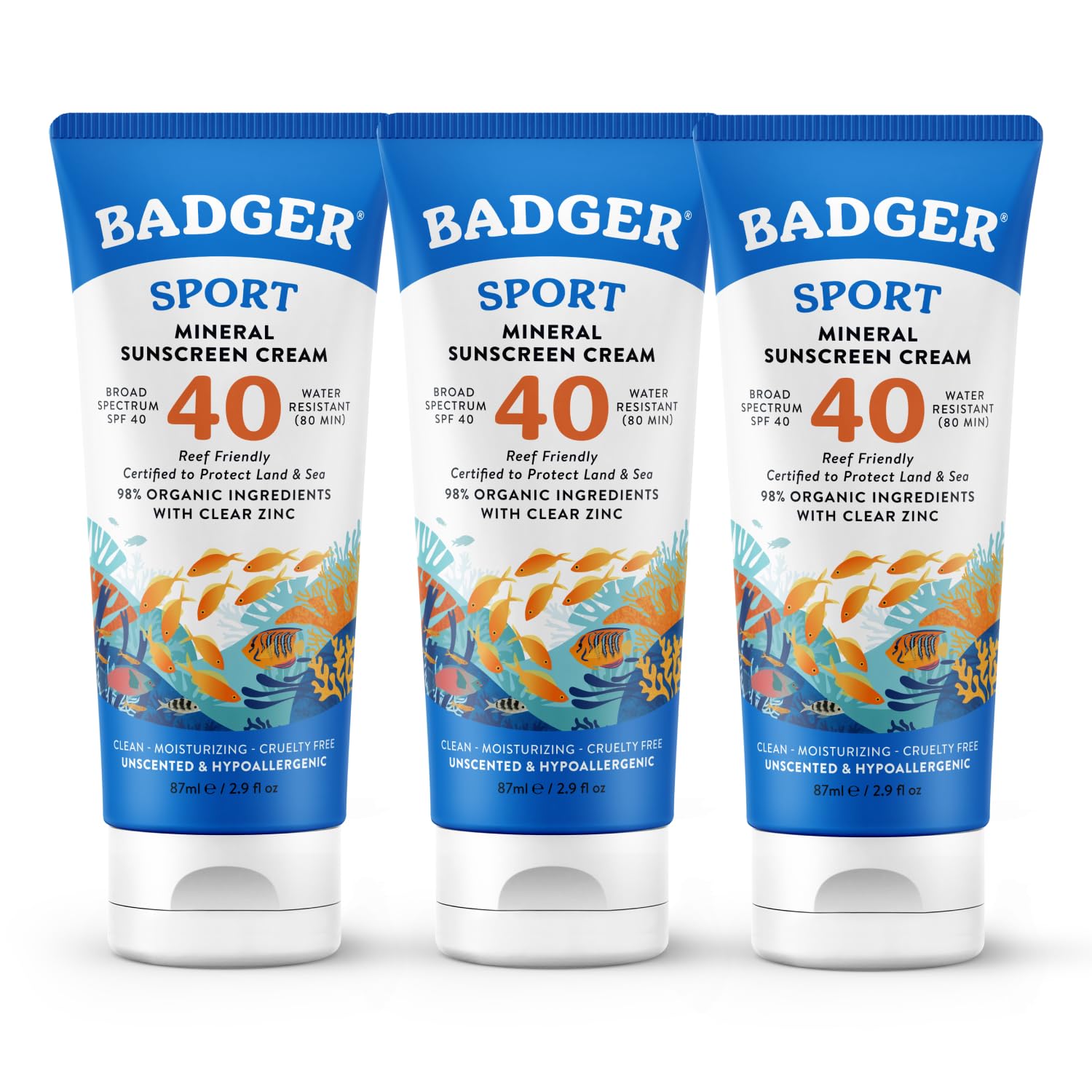 Badger Reef Safe Sunscreen, Unscented SPF 40 Sport Mineral Sunscreen, 98% Organic, Water Resistant Zinc, Approved for Hawaii & Mexico Reefs, 2.9 fl oz, 3-Pack
