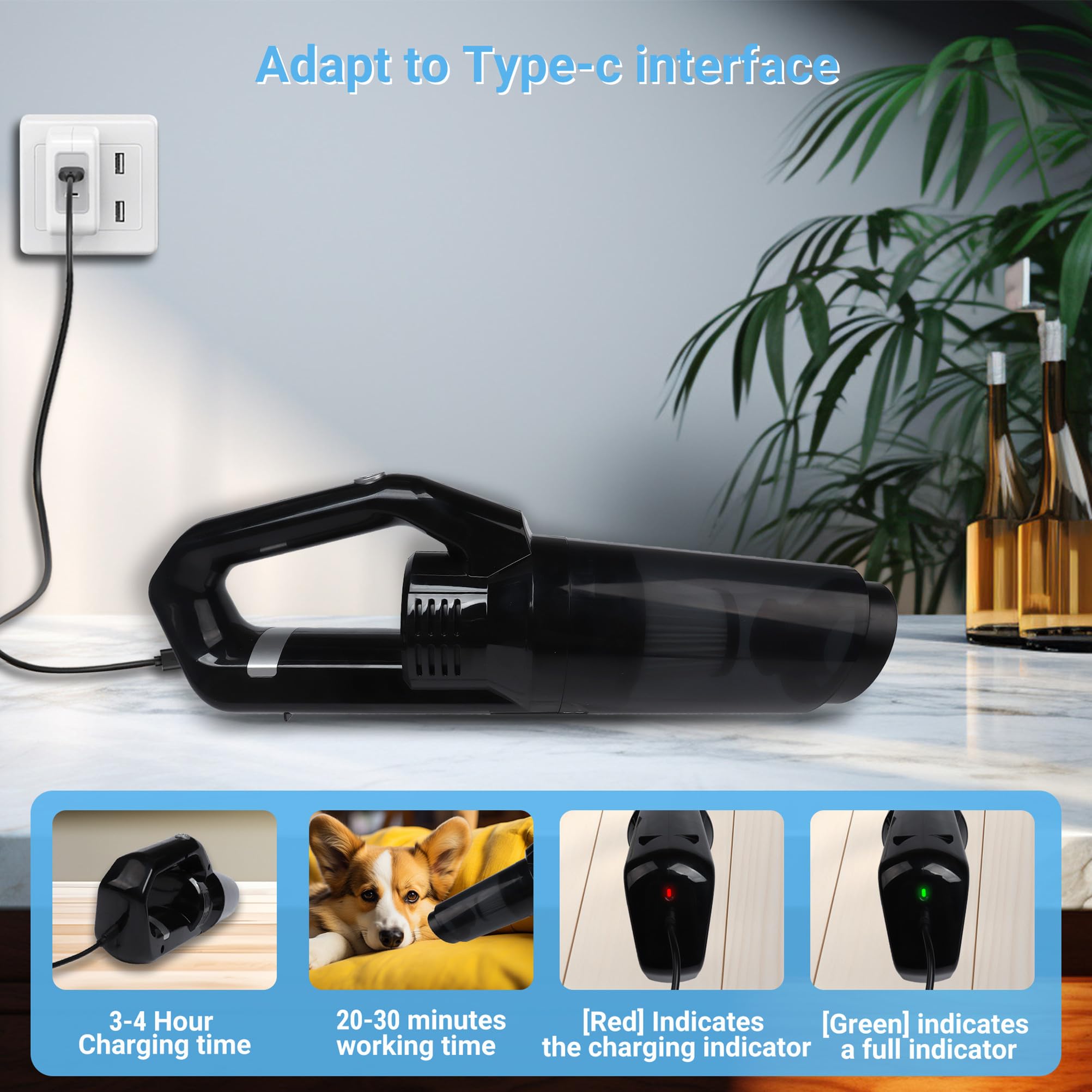 Aspiradora de mano para coche, aspiradora portátil, succión de 15000 PA, mini aspiradora recargable de alta potencia en húmedo y seco con luz LED, múltiples boquillas para coche, hogar, oficina