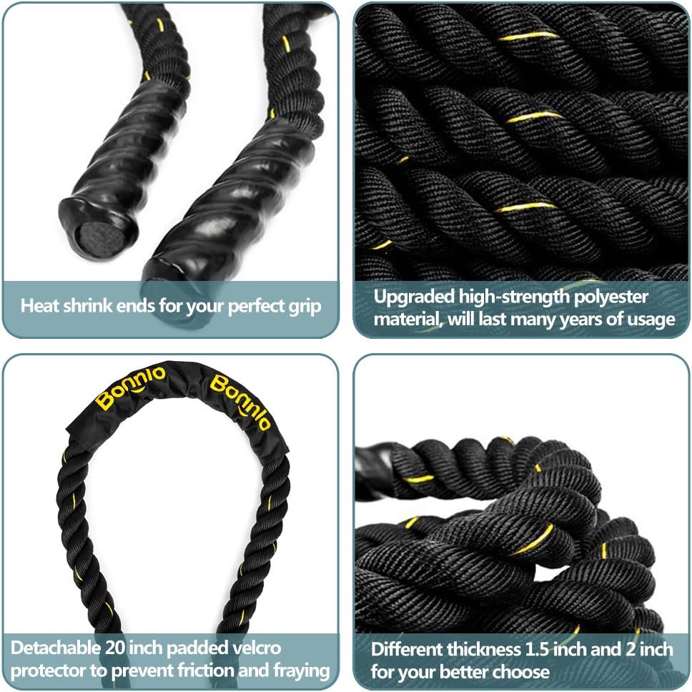 Bonnlo Battle Exercise Training Rope with Protective Cover, 1.5"/ 2" Width Poly Dacron 30/40/50ft Length, Fitness Undulation Rope Exercise Cross Strength Training Circuits Workout