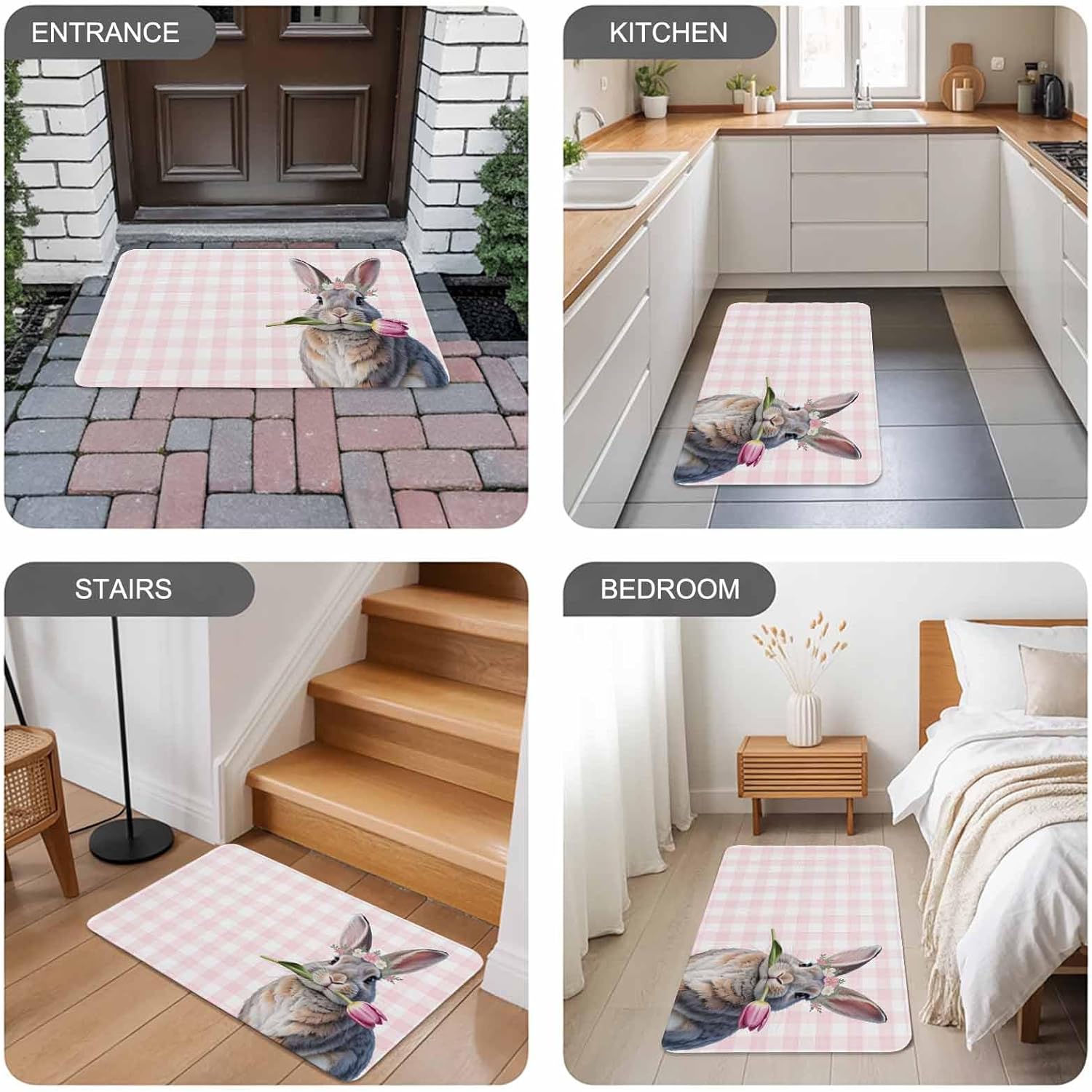 Easter Door Mat Floral Bunny Doormat Rabbit Pink Buffalo Plaid Welcome Mat Non Slip Rubber Entryway Front Rug Floor Mat for Indoor Outdoor Kitchen Spring Holiday Home Decor Gifts 18x30 Inch
