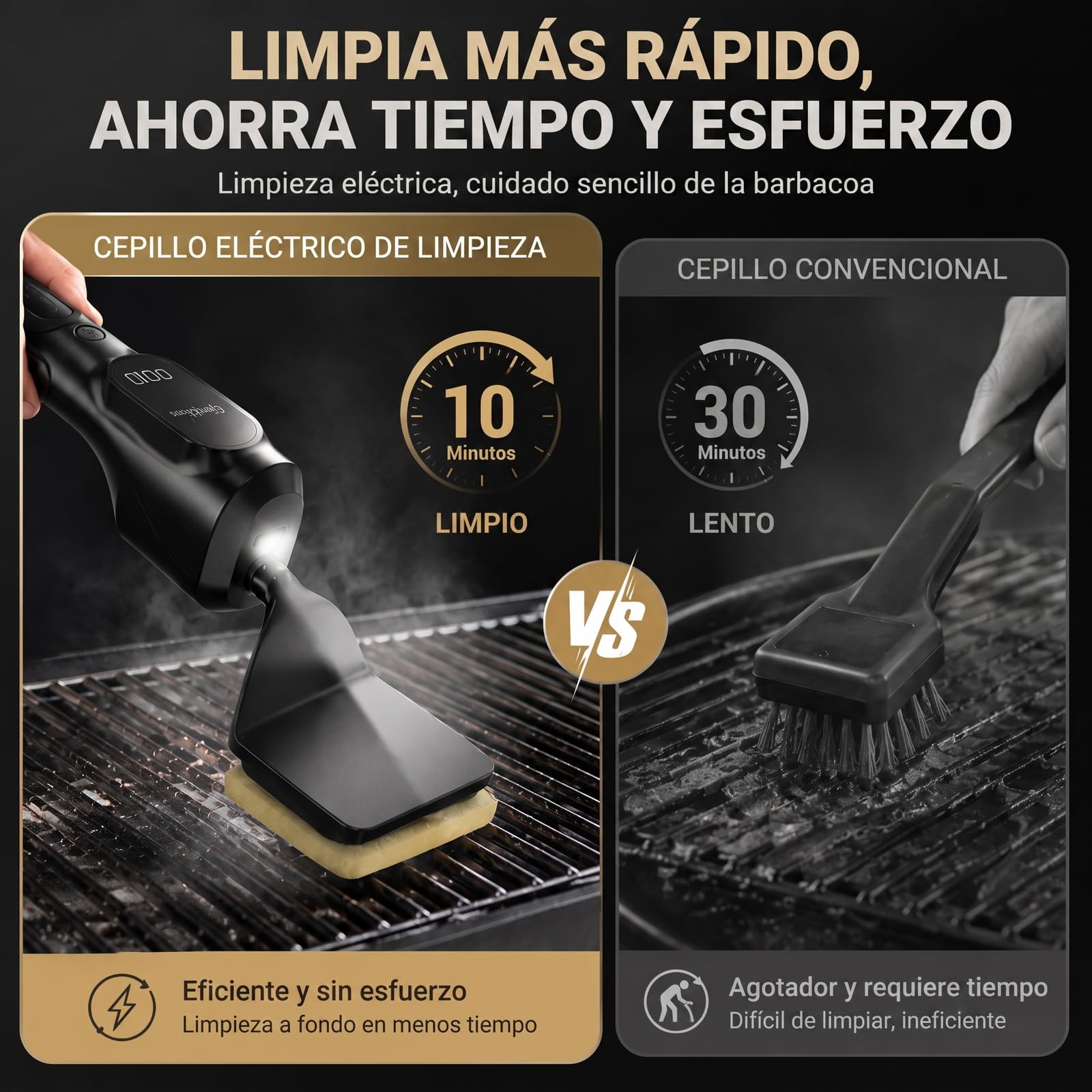 Cepillo eléctrico para barbacoa inalámbrico, control de velocidad basado en presión, recargable, fácil de limpiar, compatible con la mayoría de los aparatos de barbacoa, cerdas metálicas no falladas | Inalámbrico,Recargable,Compatible con la mayoría de lo