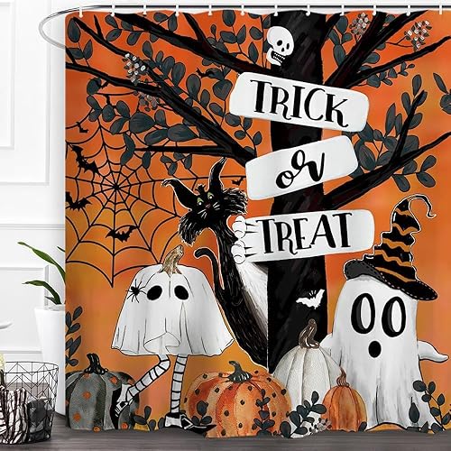 Miniatura 2 de Baccessor Cortina de ducha de Halloween para baño, linda calabaza, fantasma, gato, truco o trato, cortinas de ducha de tela de poliéster, decoración