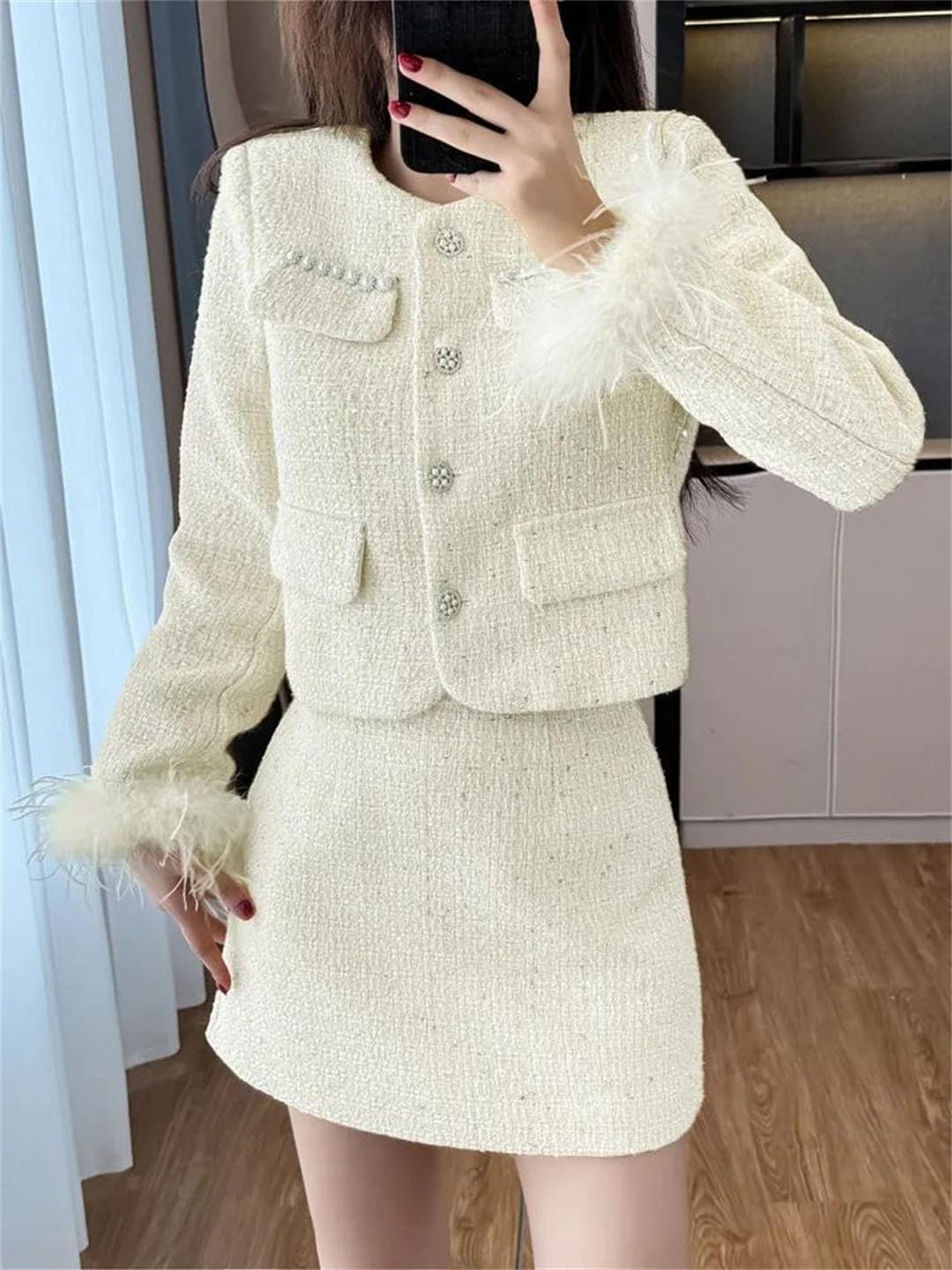 Women Tweed Two Piece Set Feather Detail Jacket Mini Skirt Outfit