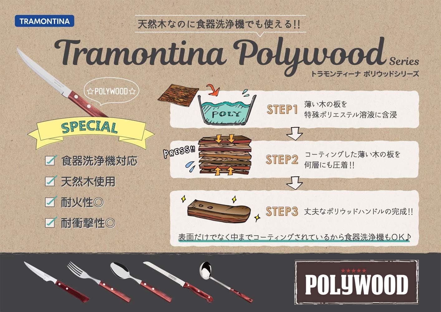 Tramontina Dessert Knives, 17.9 cm Poly Wood Dark Brown Dishwasher Safe