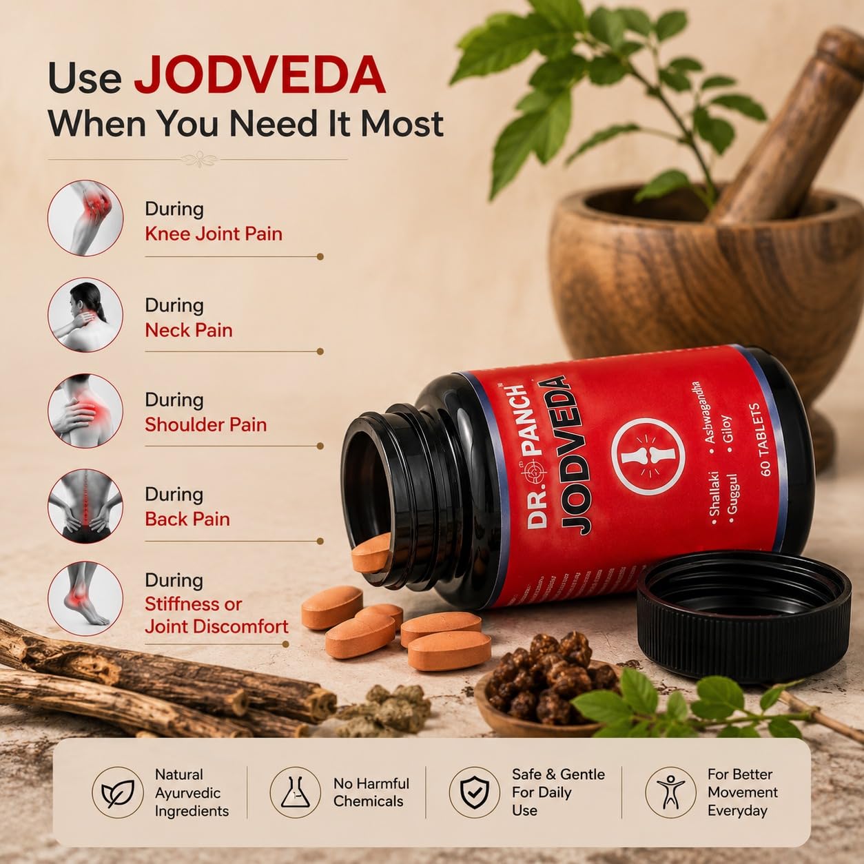 Jodveda 60 Tablets | Ayurvedic Joint Pain Relief & Mobility Support Tablets | Shallaki, Guggul, Ashwagandha & Giloy | Bone Strength & Flexibility Booster — Amazon image 4