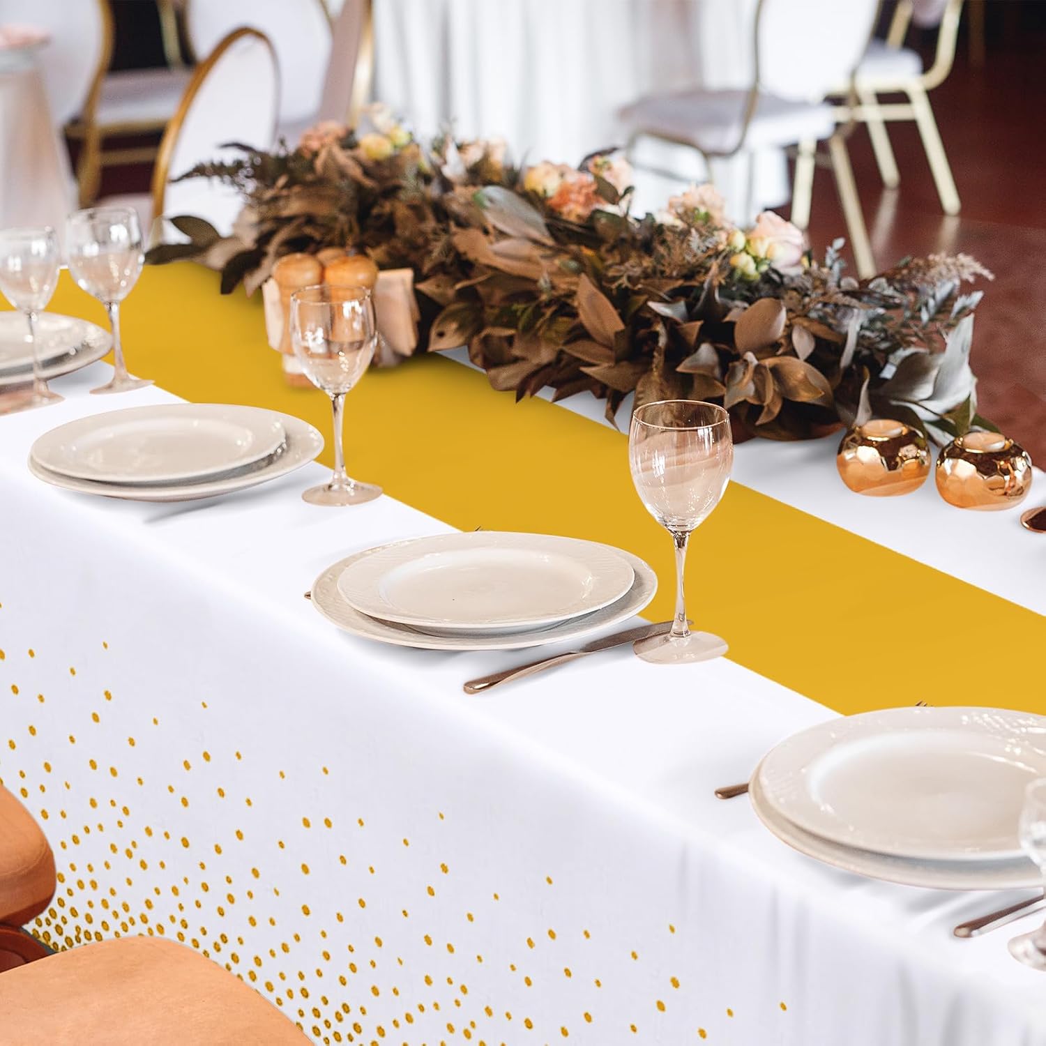 Jingmore 54 in x 100 ft Plastic Tablecloths Roll Disposable White and Gold Table Cover with Cutter Box Party Table Cloth for Wedding Birthday Party Decorations Supplies